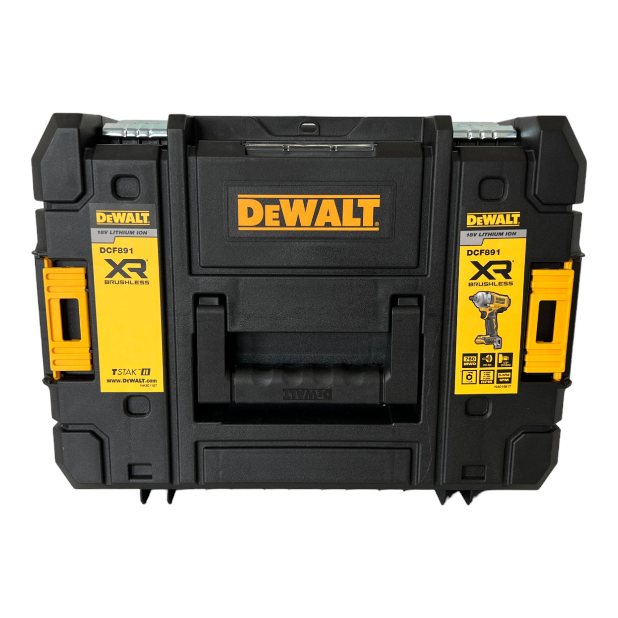 Una caja de herramientas DeWalt TSTAK negra y amarilla con etiquetas y asa.