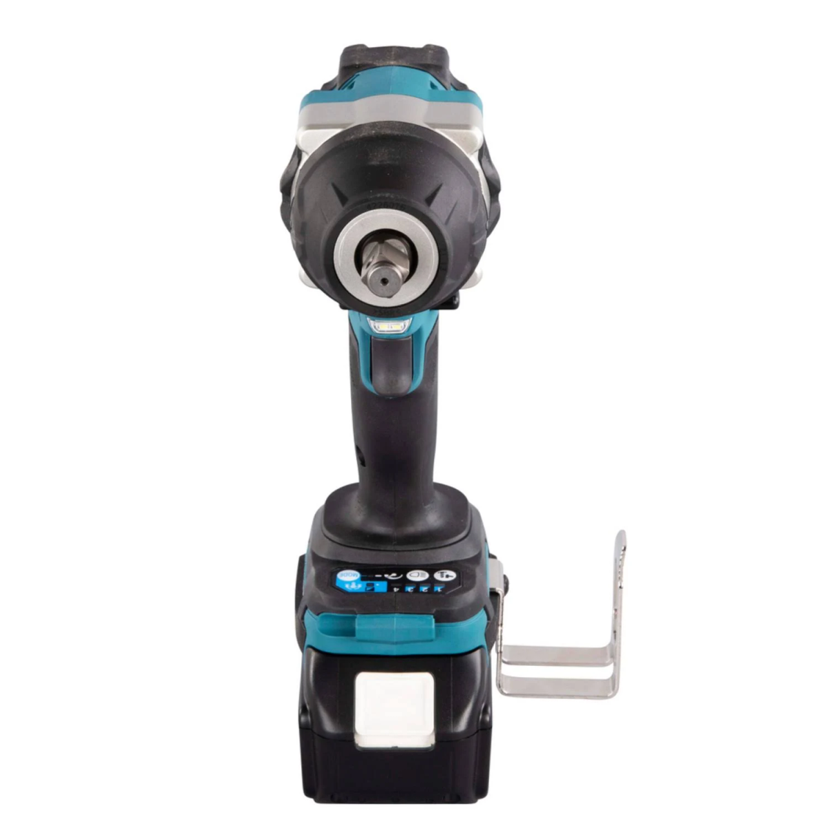 Llave de impacto Makita, negro y turquesa con soporte plateado para la batería.
