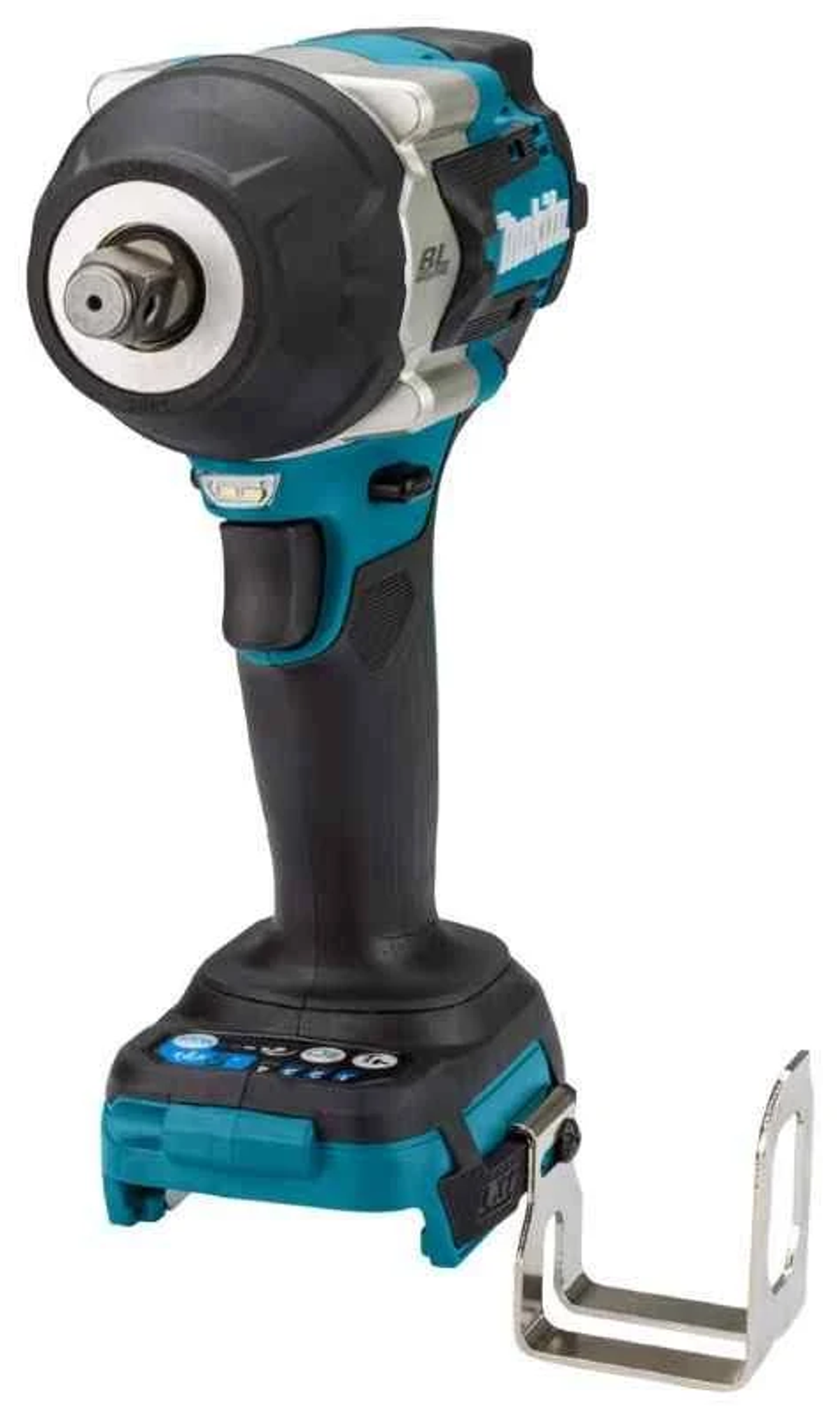 Llave de impacto Makita, negra y turquesa, con un accesorio plateado. Está sobre un fondo blanco.