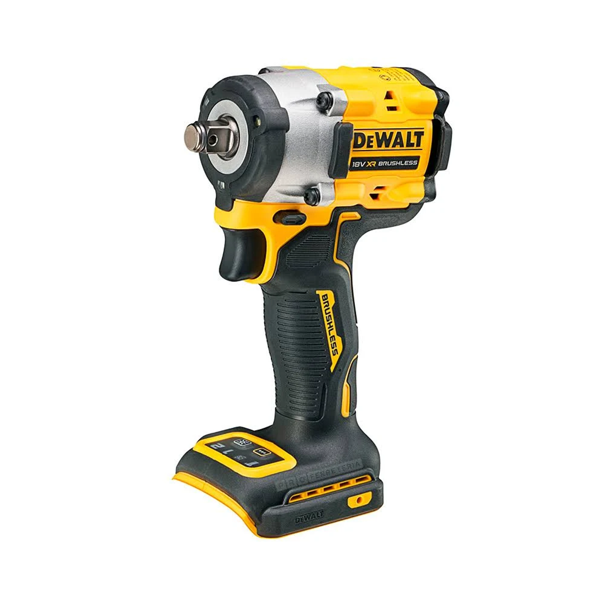 Una llave de impacto DeWalt amarilla y negra sobre un fondo blanco.