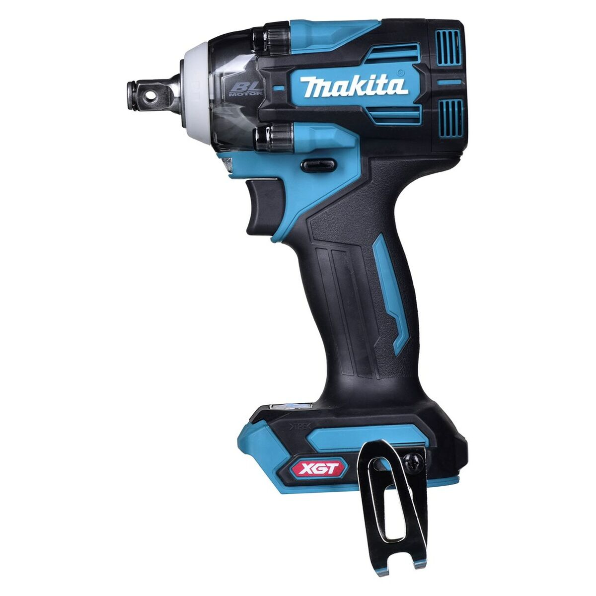 Llave de impacto Makita, negra y verde azulado, sobre fondo blanco.