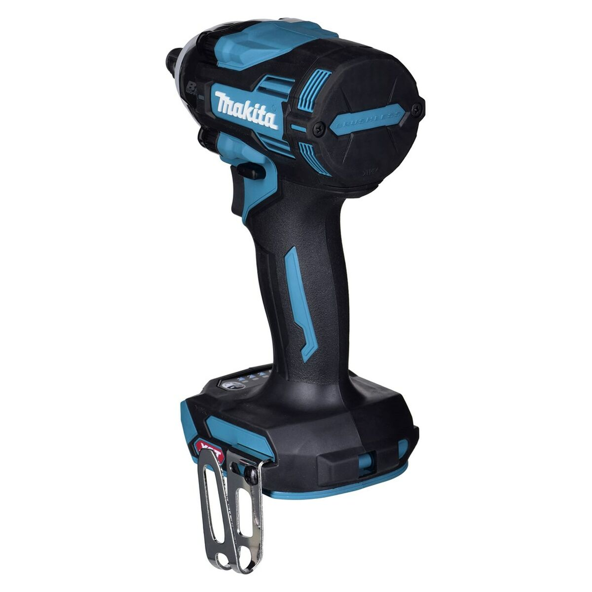 Un destornillador de impacto Makita negro y azul. La herramienta tiene un clip de metal.