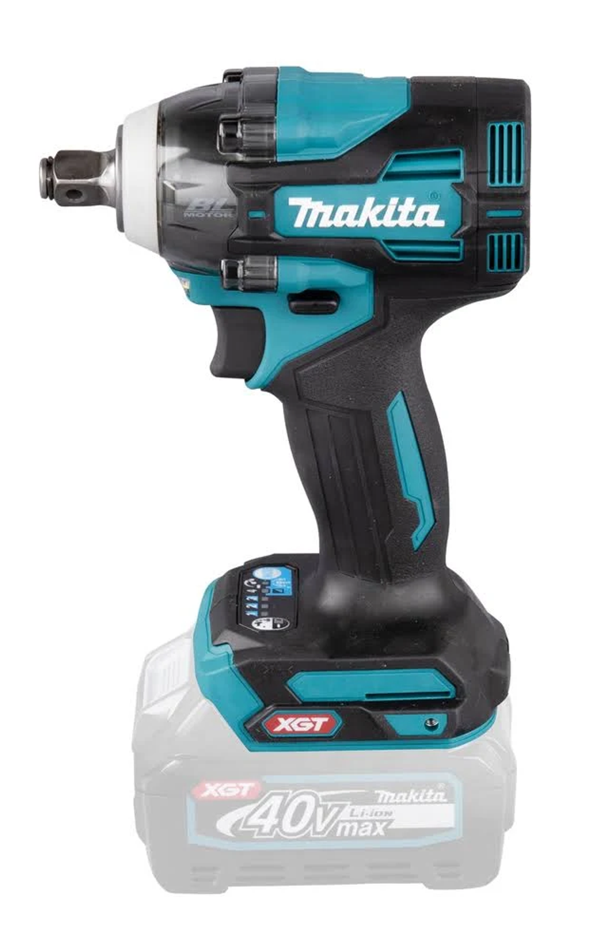 Llave de impacto Makita negra y turquesa con batería, sobre un fondo blanco.