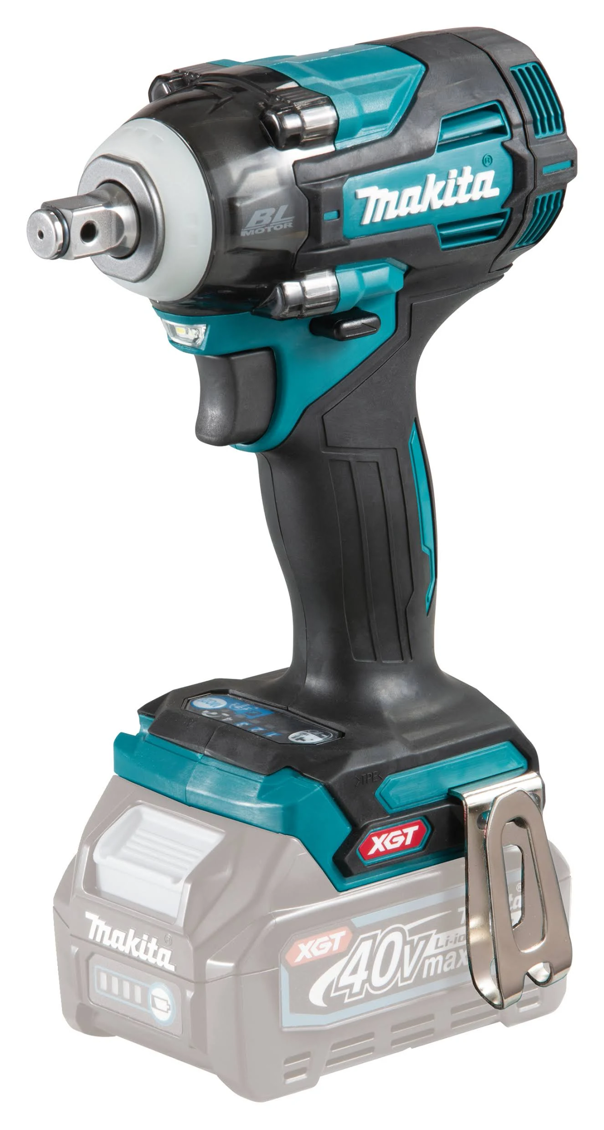 Llave de impacto inalámbrica Makita, negra y verde azulado, con batería. Fondo blanco.