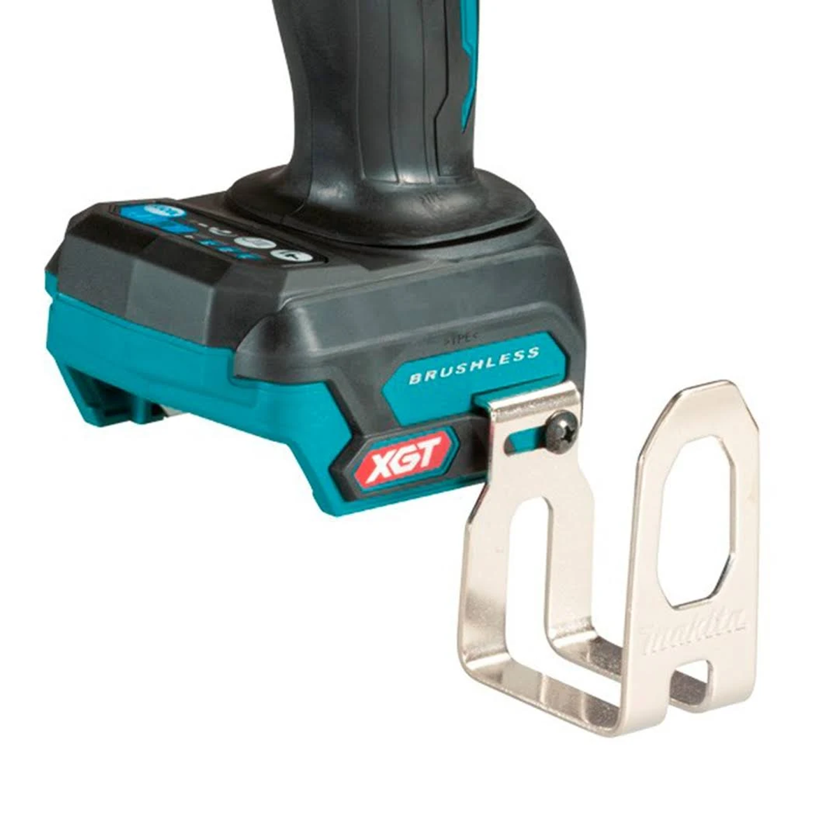 Base de herramienta Makita con soporte metálico plateado. Presenta una combinación de colores azul y negro.