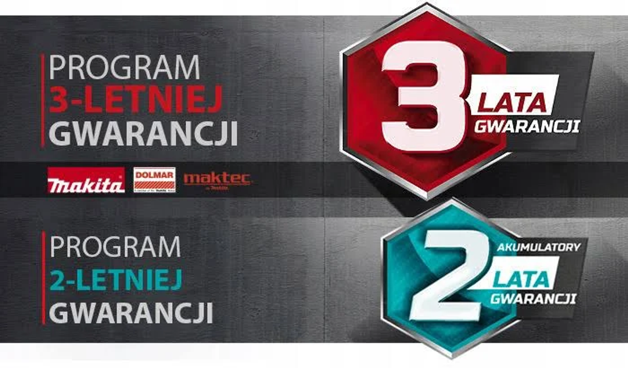 Grafika przedstawiająca 3 i 2-letnie programy gwarancyjne dla produktów Makita, Dolmar i Maktec.
