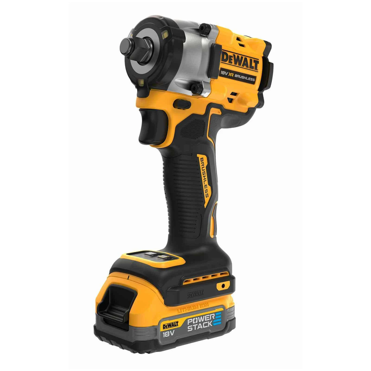 Una llave de impacto DeWalt amarilla y negra con mango y batería negros.