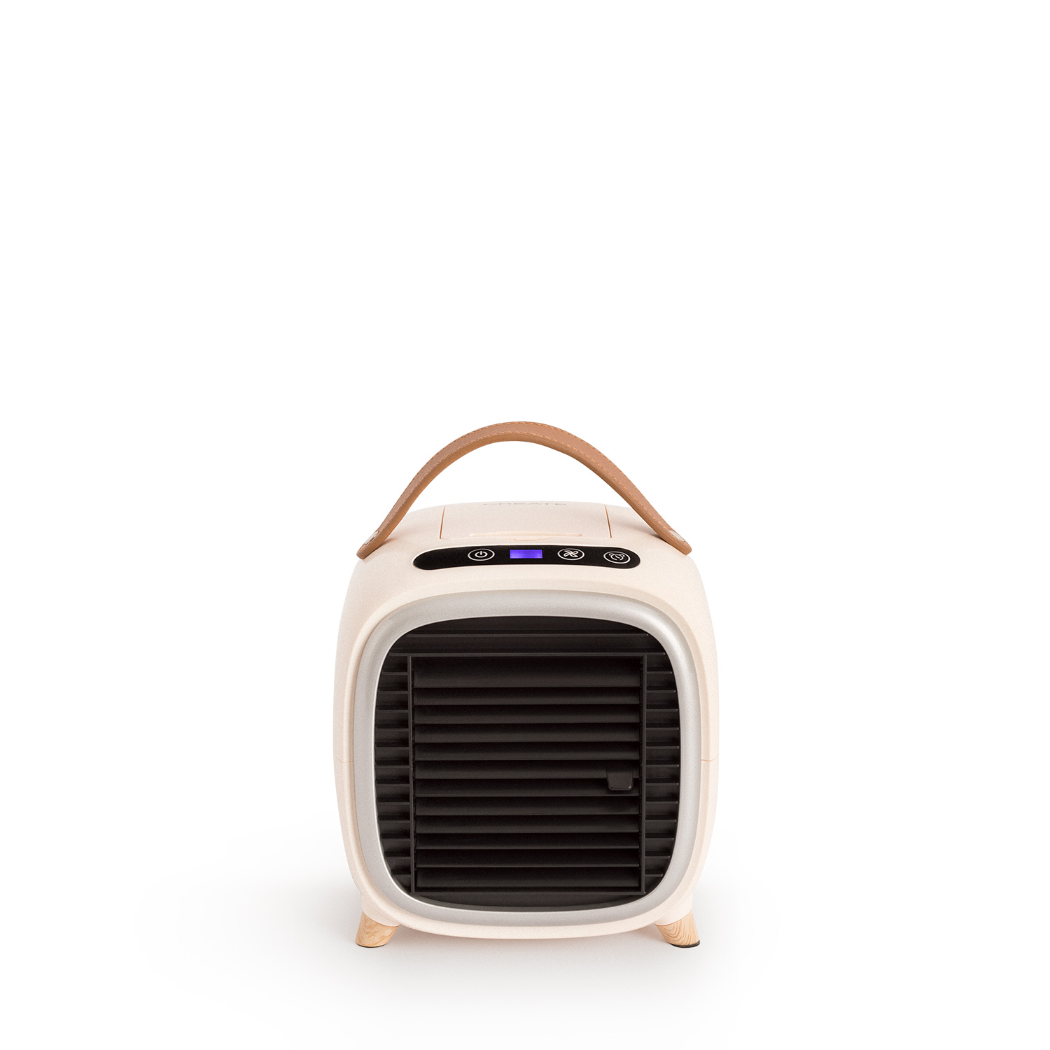 Un ventilador enfriador de aire portátil en beige con asa y patas de madera.