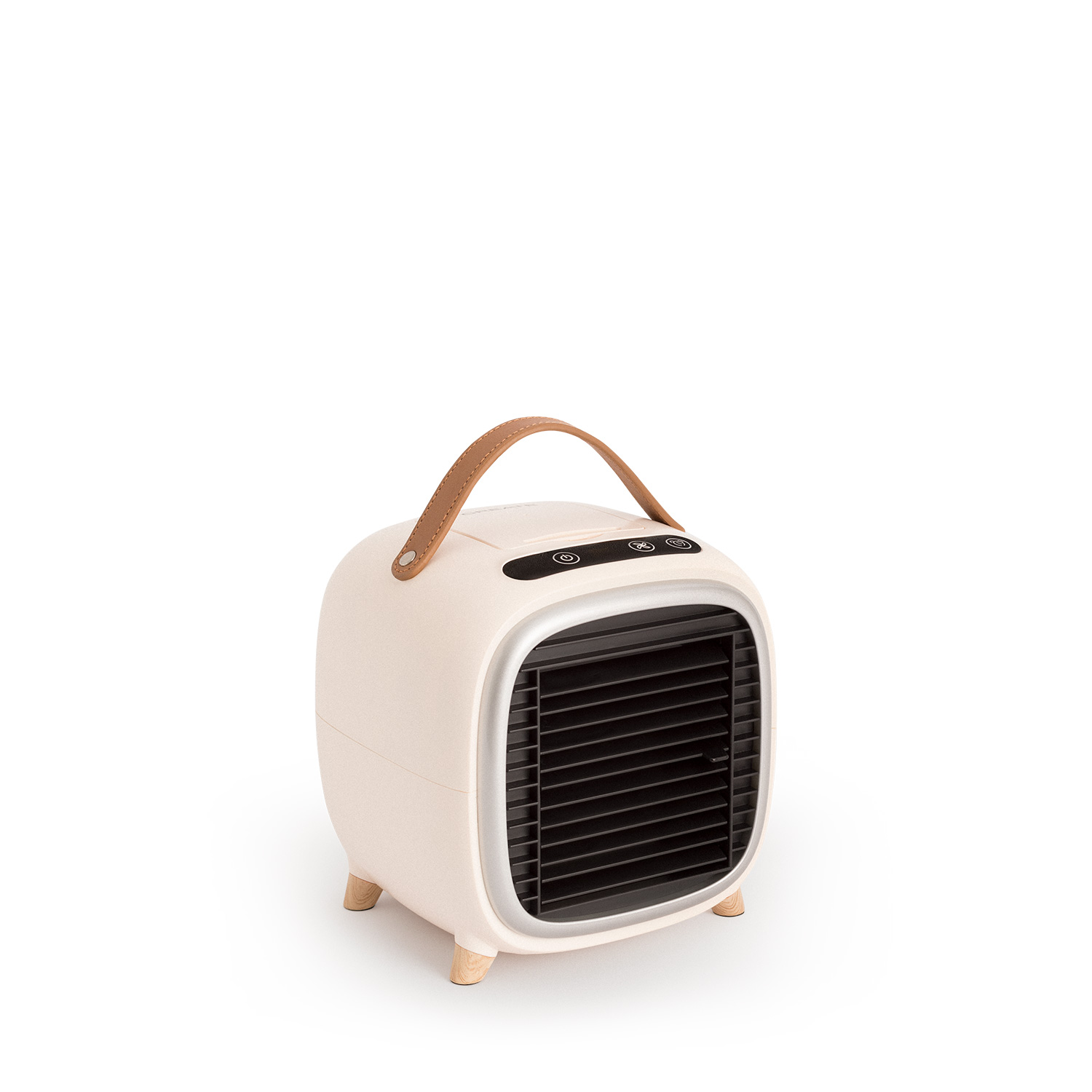 Un mini enfriador de aire beige con asa y patas de madera.