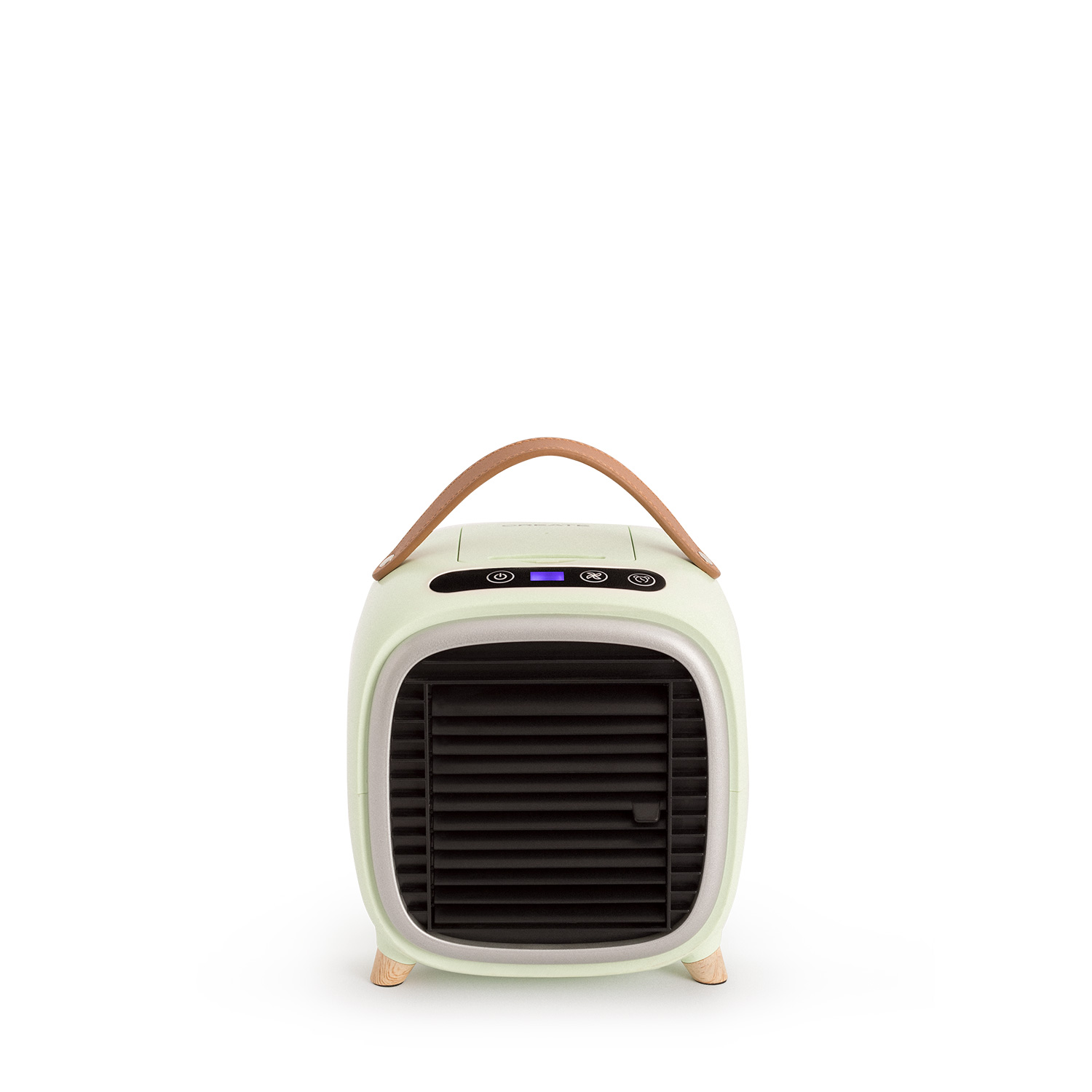Un pequeño enfriador de aire blanco y verde con asa y patas de madera.