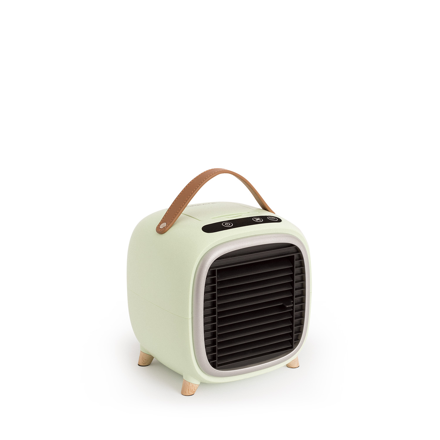 Enfriador de aire portátil verde con asa marrón y patas de madera. Fondo blanco.