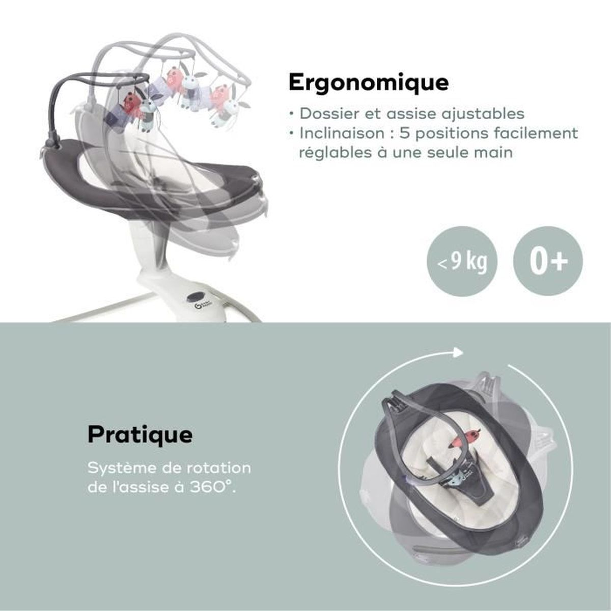 Babyschaukel: grauer Sitz, weißes Gestell, mit Text, der Funktionen beschreibt, und <lt/>9kg und 0+.