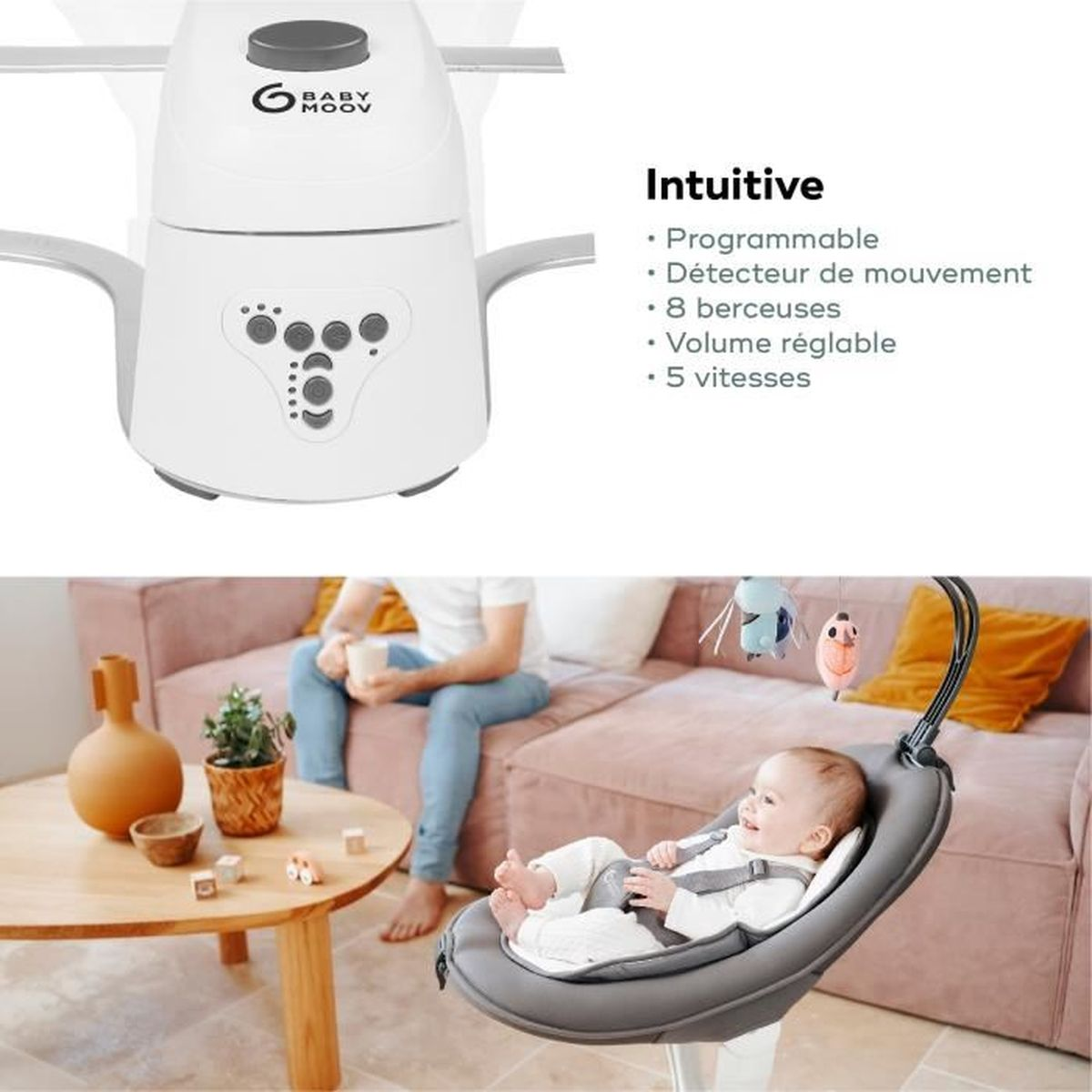 Weißer Babyschaukel mit Bedienfeld, Baby, Person auf Couch, und Tisch.