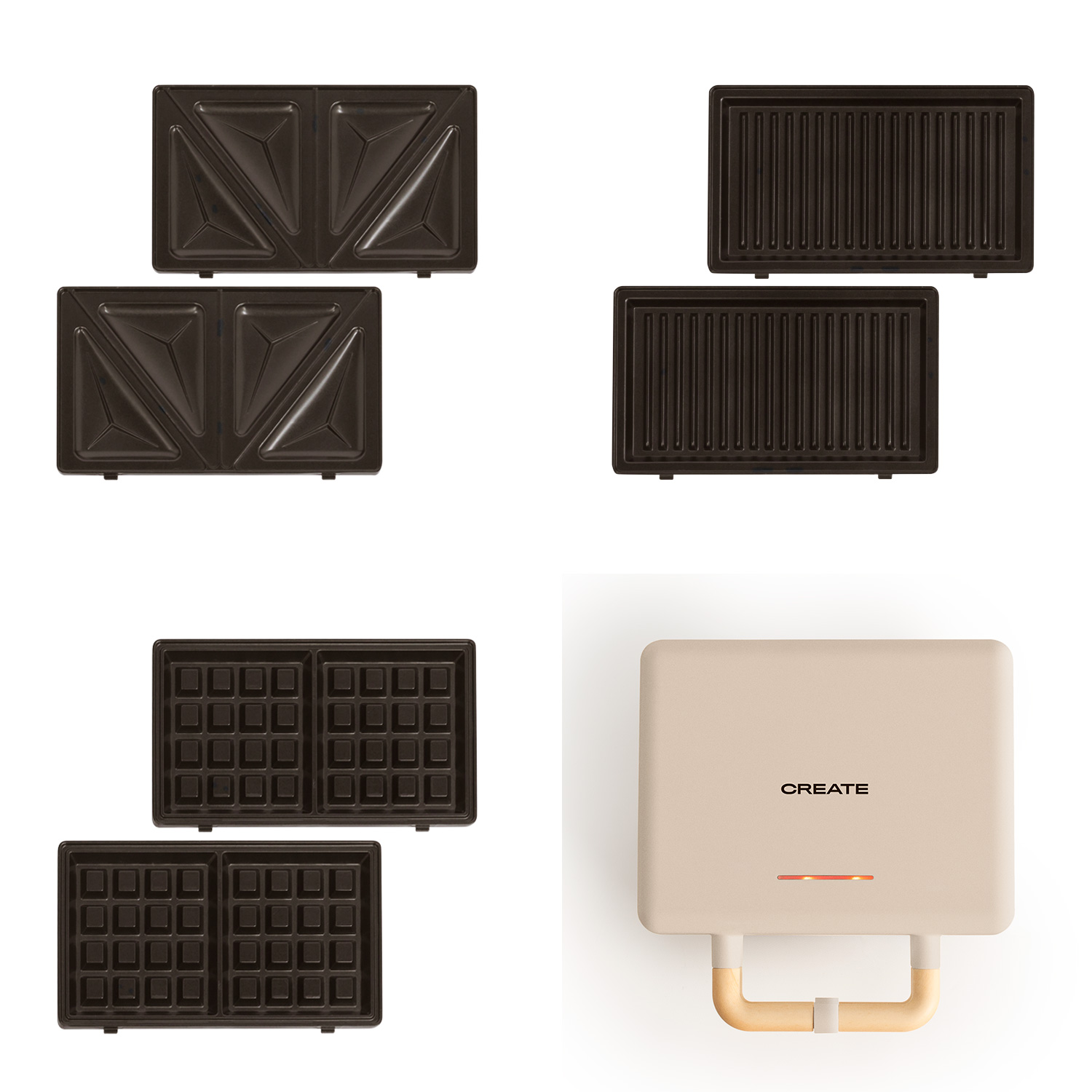 Placas de sandwichera y gofrera con un electrodoméstico CREATE beige. Varias formas.