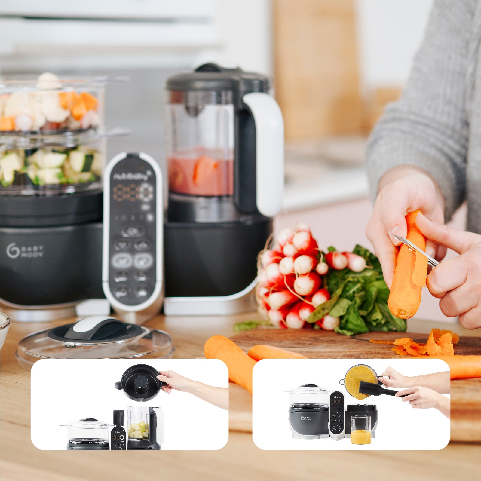 Una persona prepara le verdure con un robot da cucina. Carote e altri oggetti sono su un tavolo.