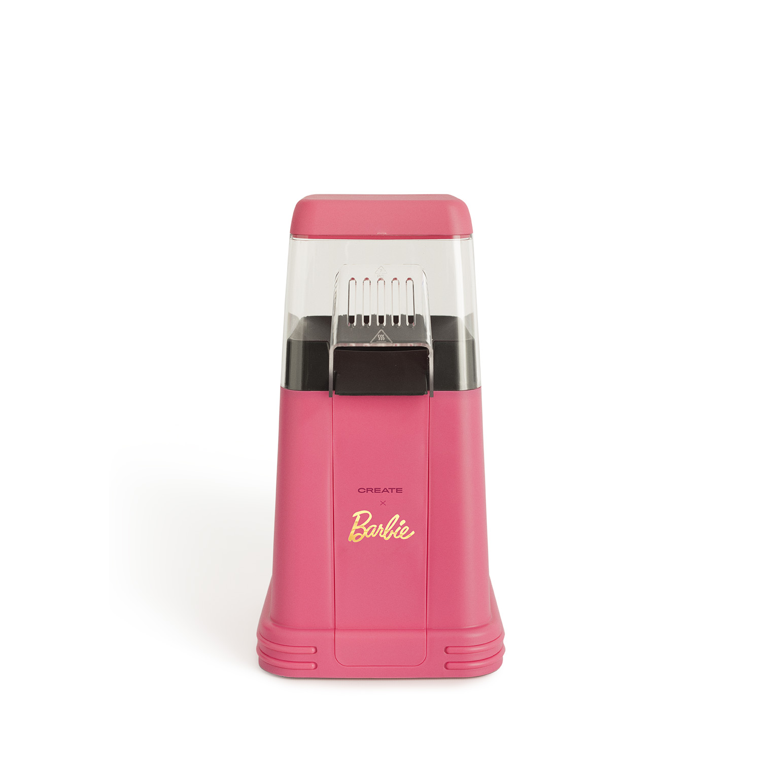 Una máquina de palomitas Barbie rosa sobre un fondo blanco, con el logotipo de Barbie.