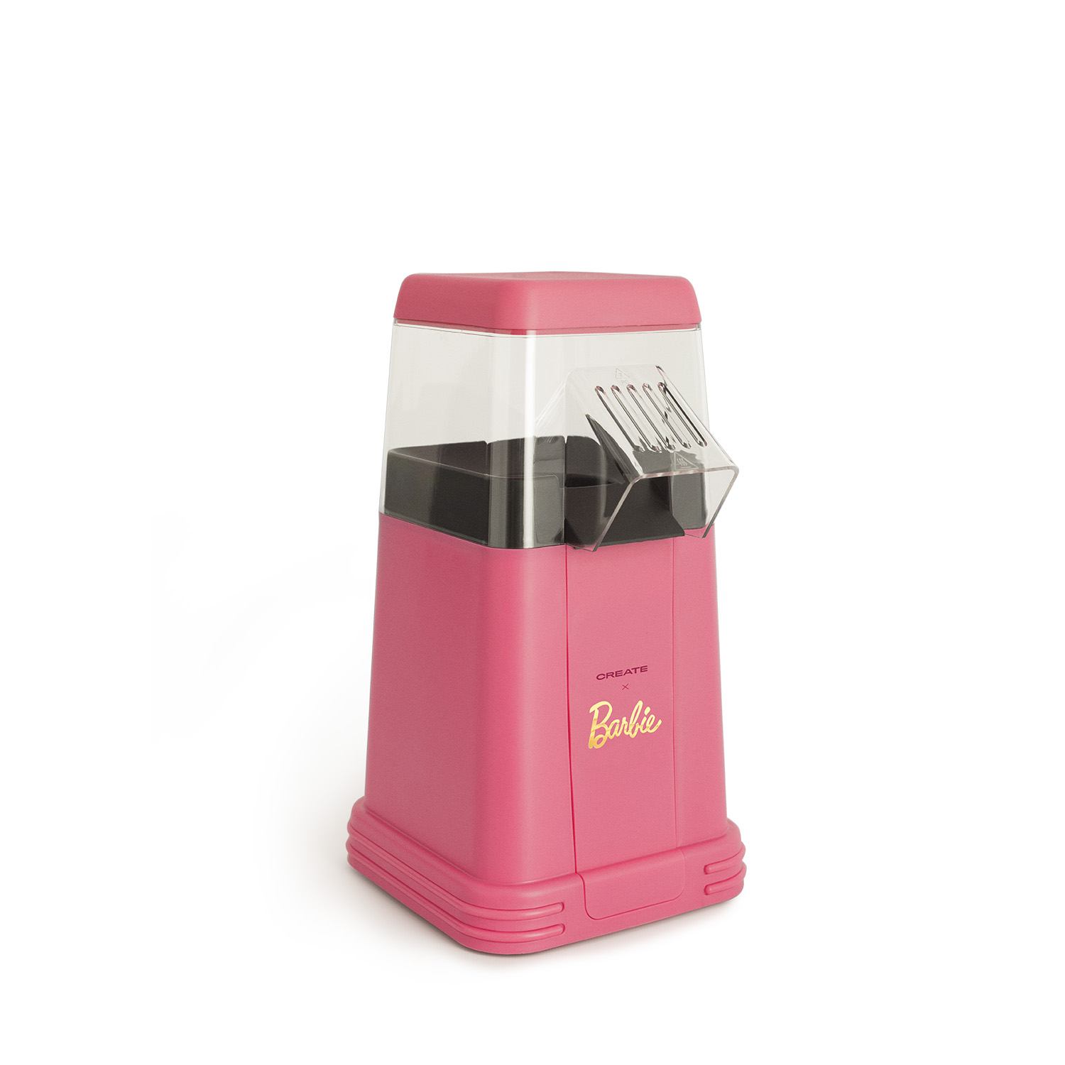 Máquina de palomitas Barbie rosa con tapa transparente y la palabra 'Barbie' dorada.