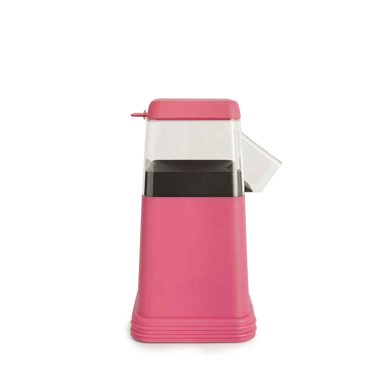 Máquina de palomitas rosa con tapa transparente, interior negro y fondo blanco.