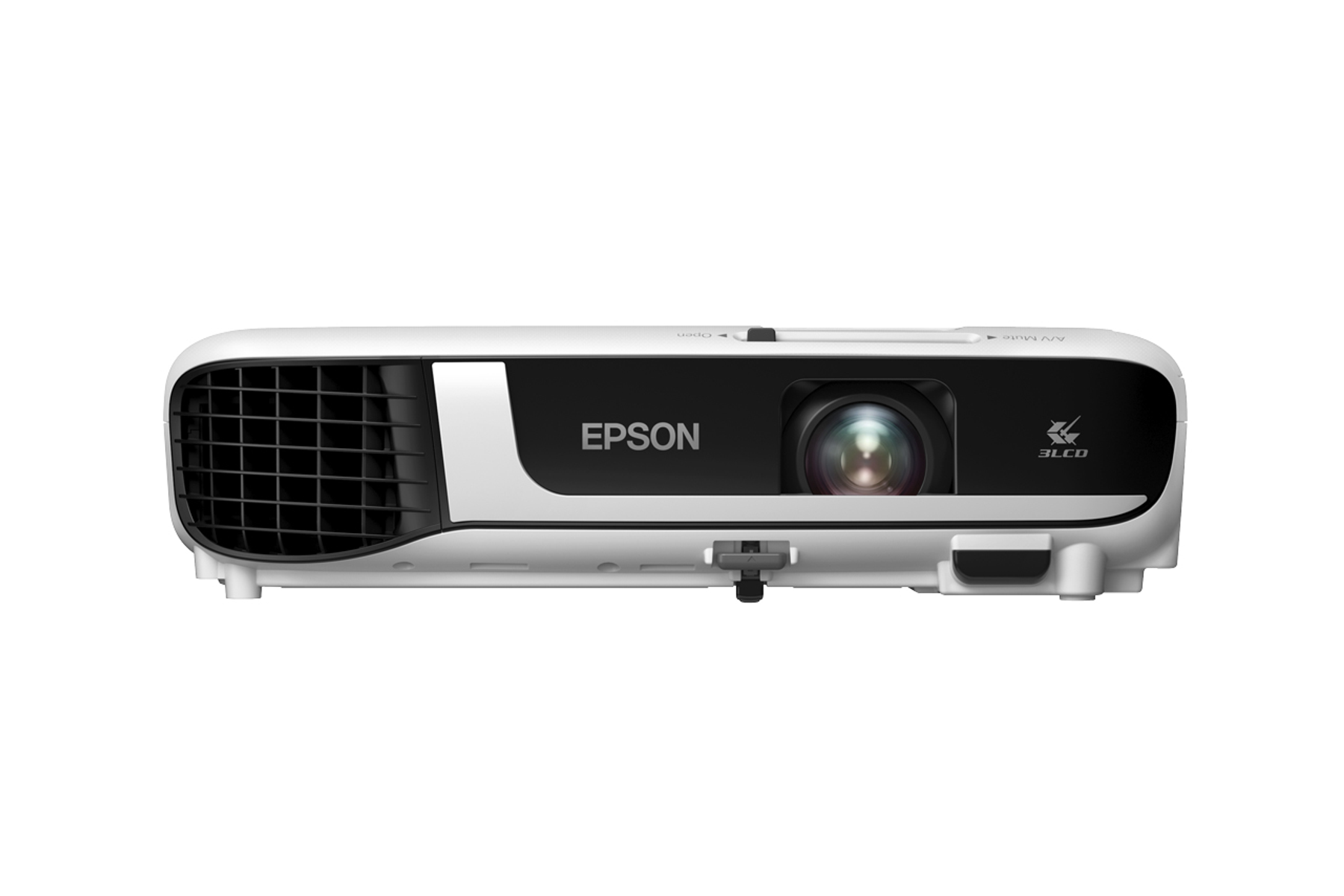 Proiettore Epson bianco su sfondo bianco. Ha una parte superiore nera con il logo Epson e l'obiettivo.