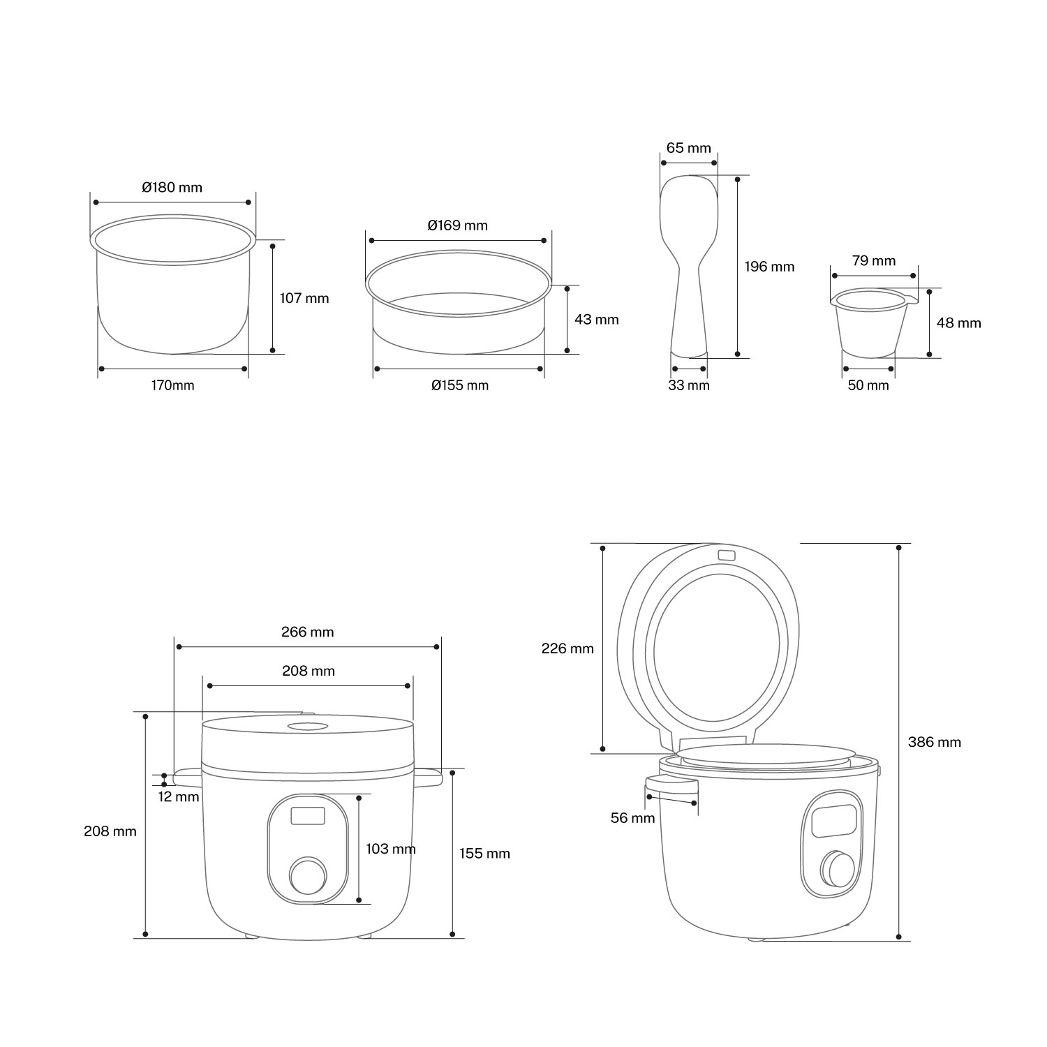Diagrama de olla arrocera con dimensiones.