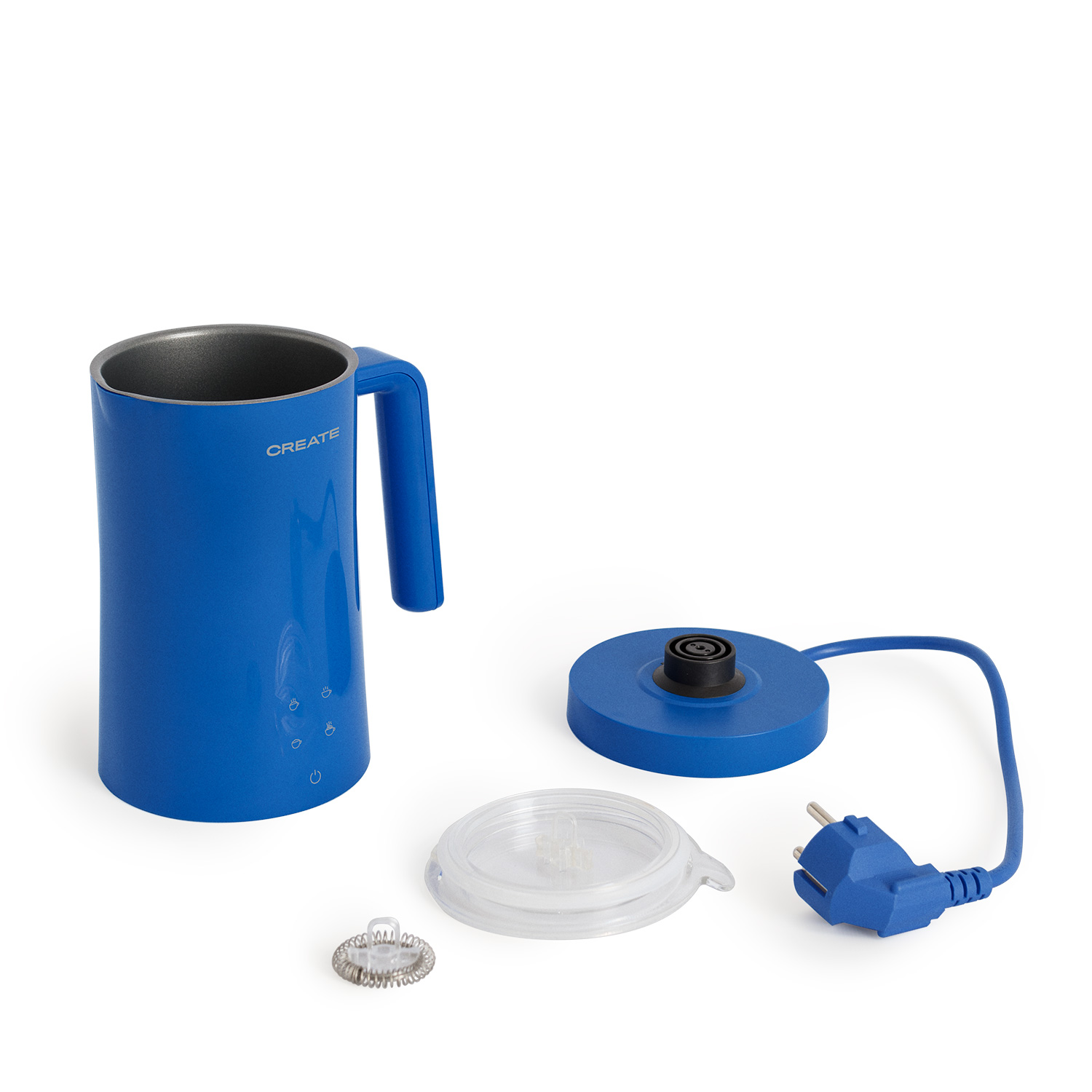 Espumador de leche CREATE azul con componentes: base, tapa, batidor y enchufe.