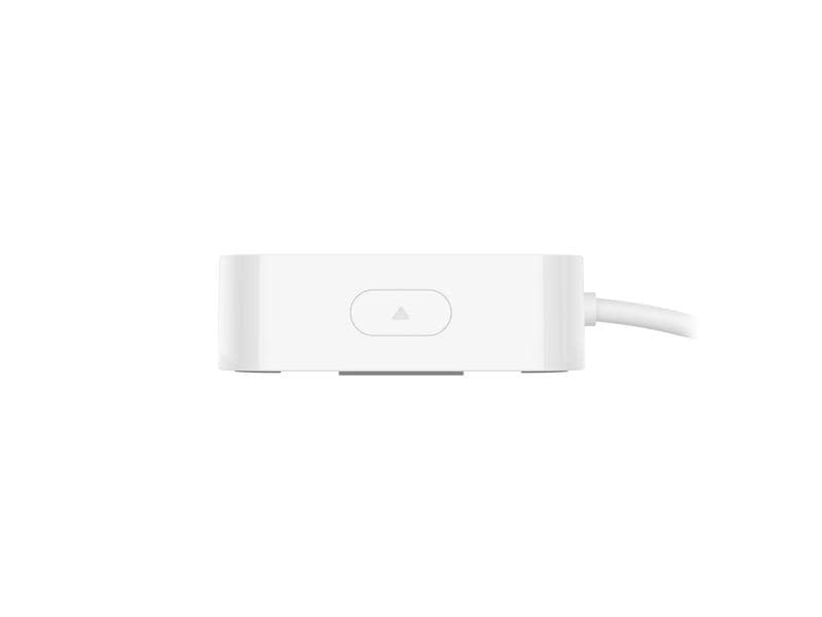 Un piccolo dispositivo bianco con un pulsante, collegato a un cavo bianco su sfondo bianco.