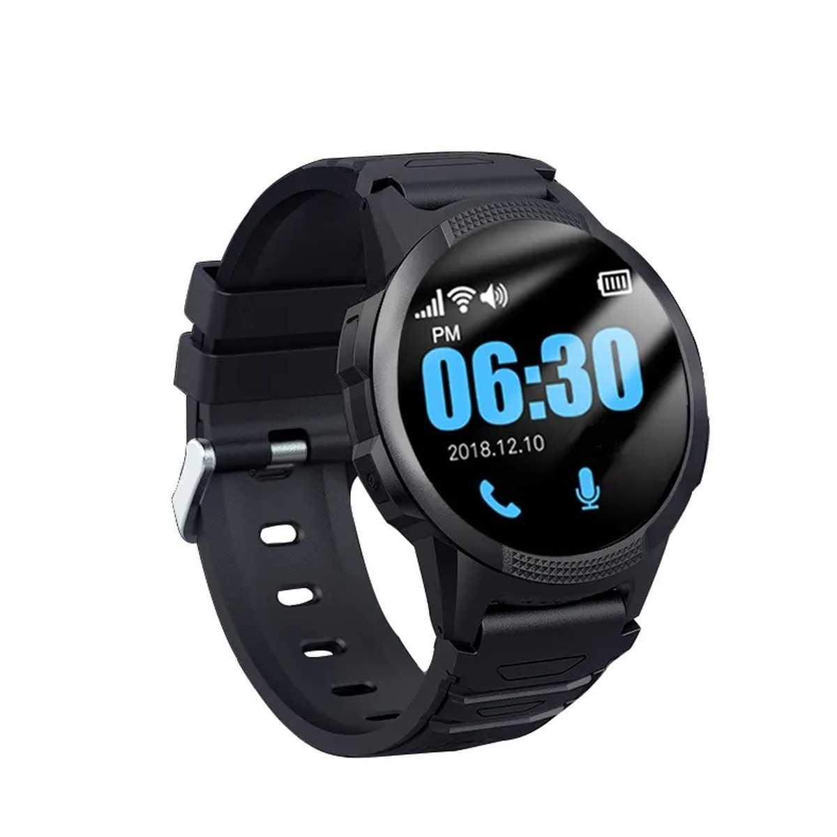 Schwarze Smartwatch mit rundem Zifferblatt, das Uhrzeit, Datum und Konnektivitätssymbole anzeigt. Schwarzes Armband.