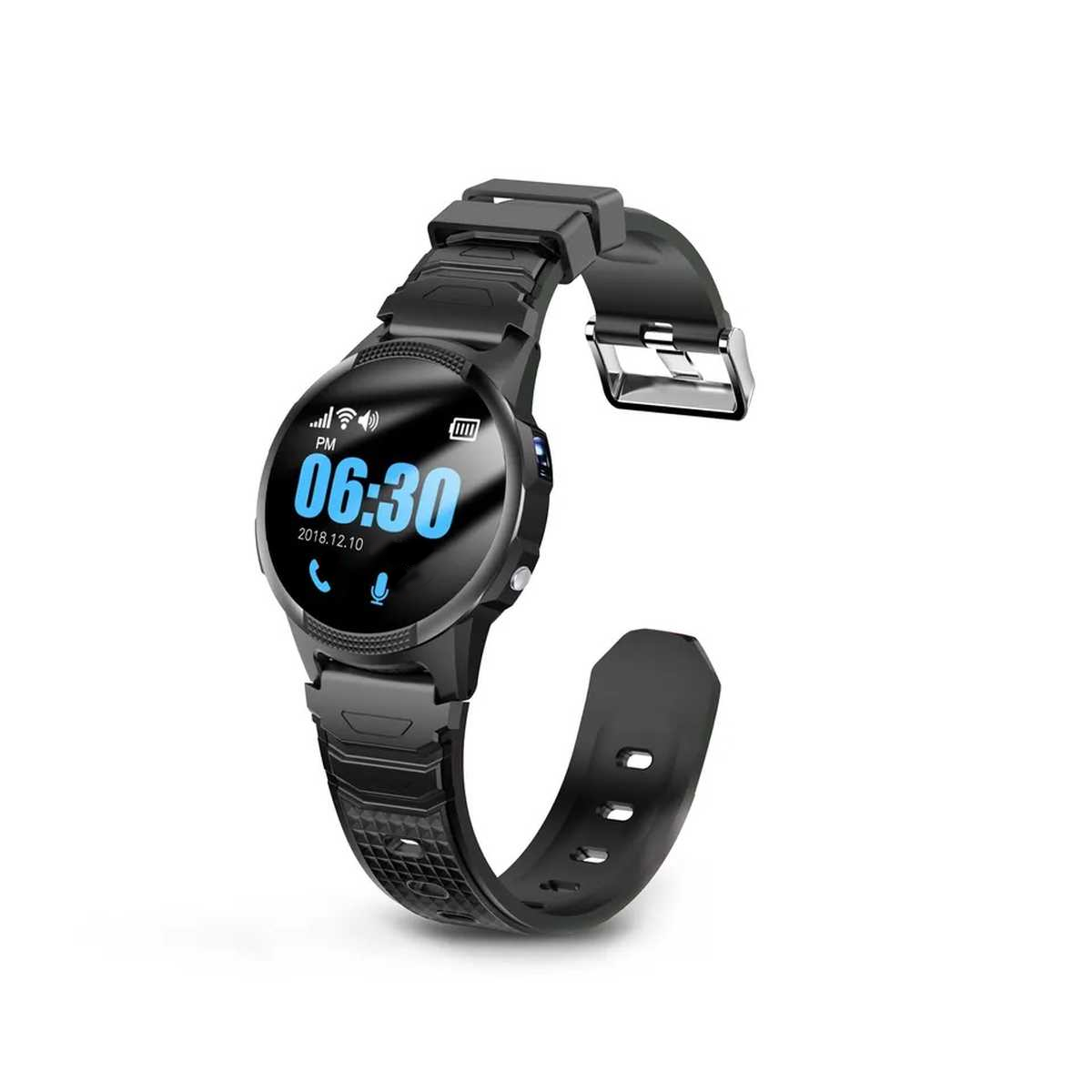 Schwarze Smartwatch, die Zeit und Datum anzeigt. Schwarzes Armband und Schnalle sichtbar.