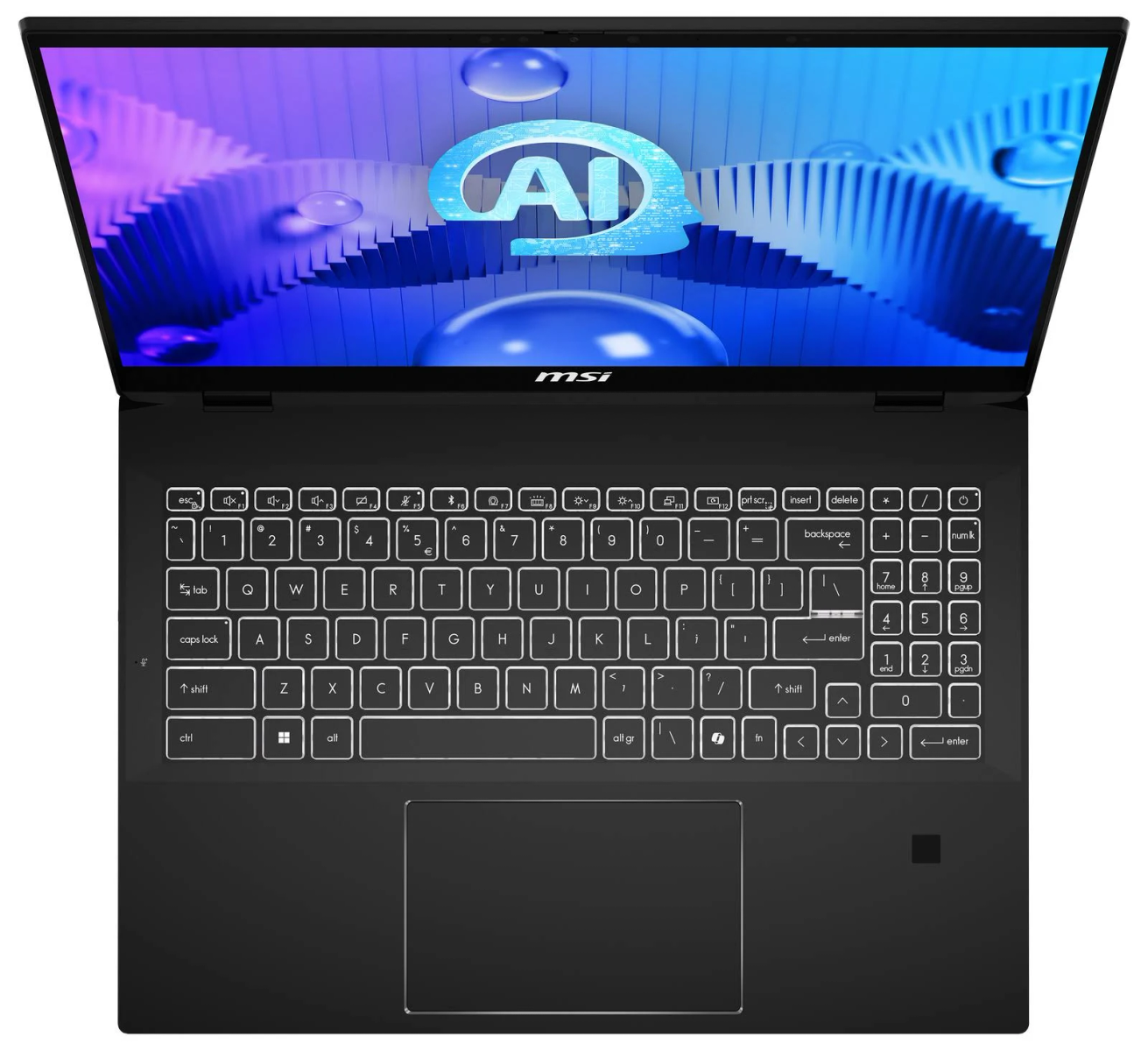 Un computer portatile che mostra tastiera e schermo. Lo schermo visualizza la parola IA.