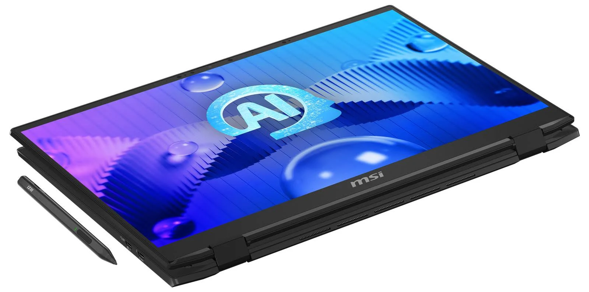 Laptop nero con stilo, schermo mostra logo AI. Laptop aperto.