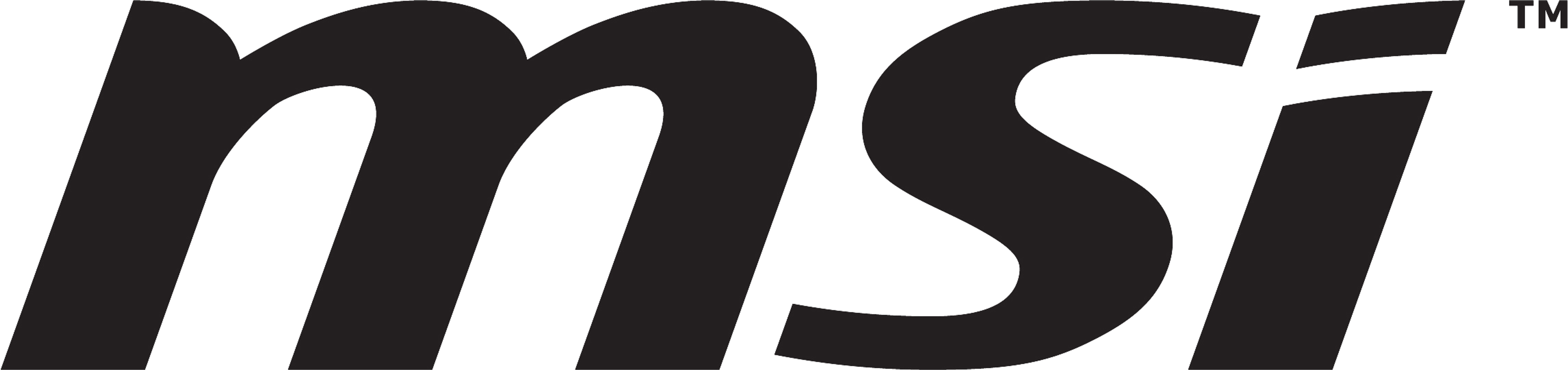 Il logo in bianco e nero di MSI. Il testo è in un carattere obliquo, grassetto e senza grazie.
