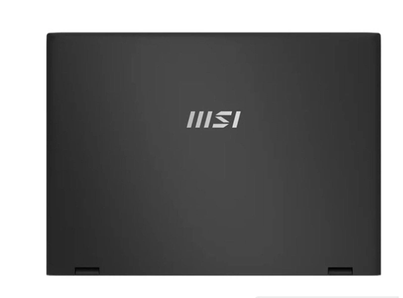 Un laptop nero con il logo MSI sulla parte superiore. Il coperchio è chiuso. Sfondo bianco.