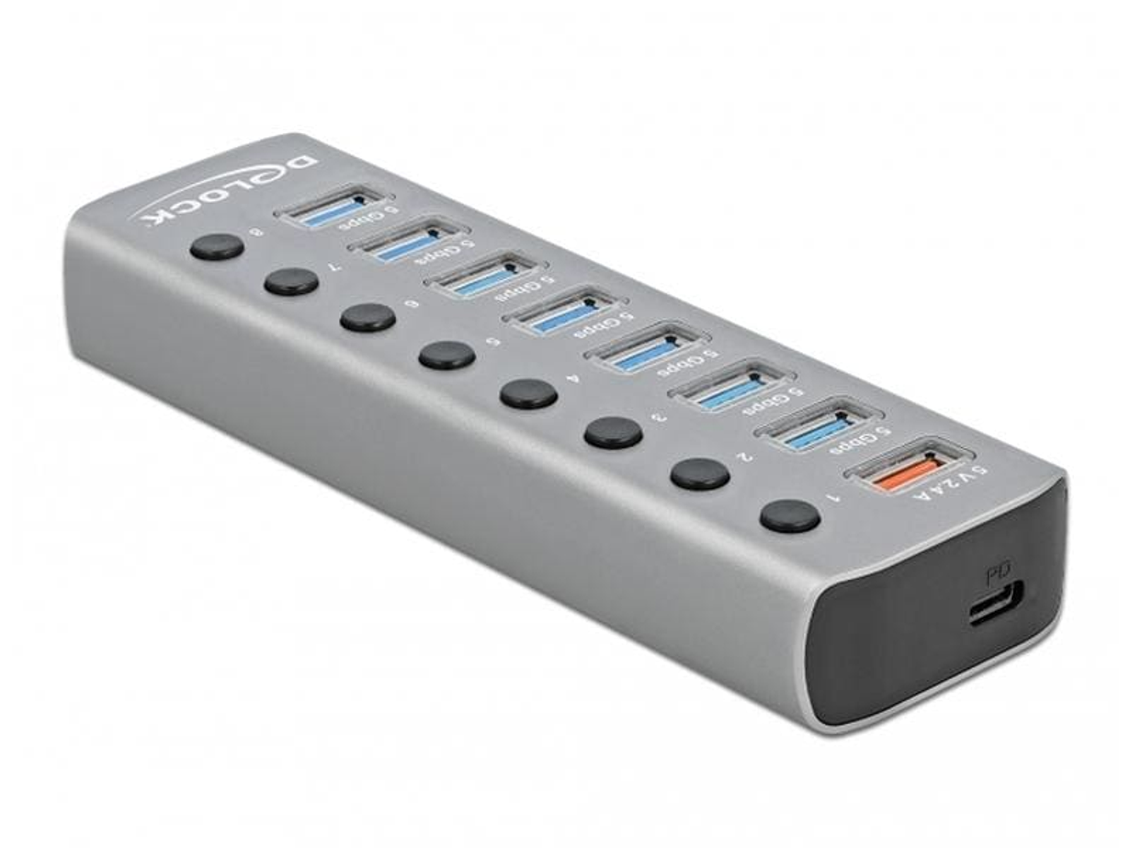 Silberner USB-Hub. Mehrere Anschlüsse befinden sich oben mit einem Netzschalter.