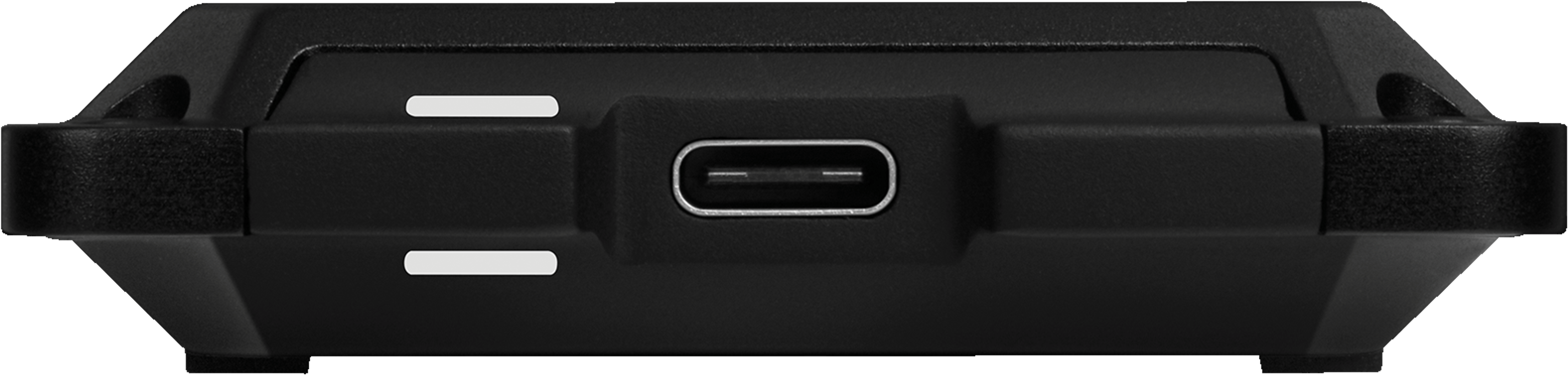 Zbliżenie czarnej obudowy ochronnej z portem USB-C i dwiema białymi liniami.