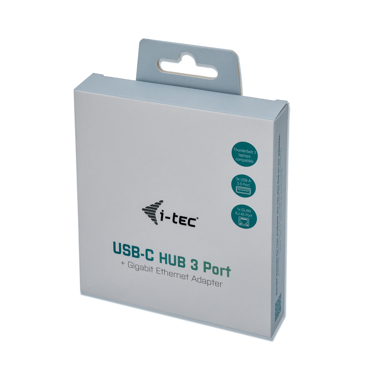 Une boîte blanche et grise avec une poignée, étiquetée "USB-C HUB 3 Port + Gigabit Ethernet Adapter".