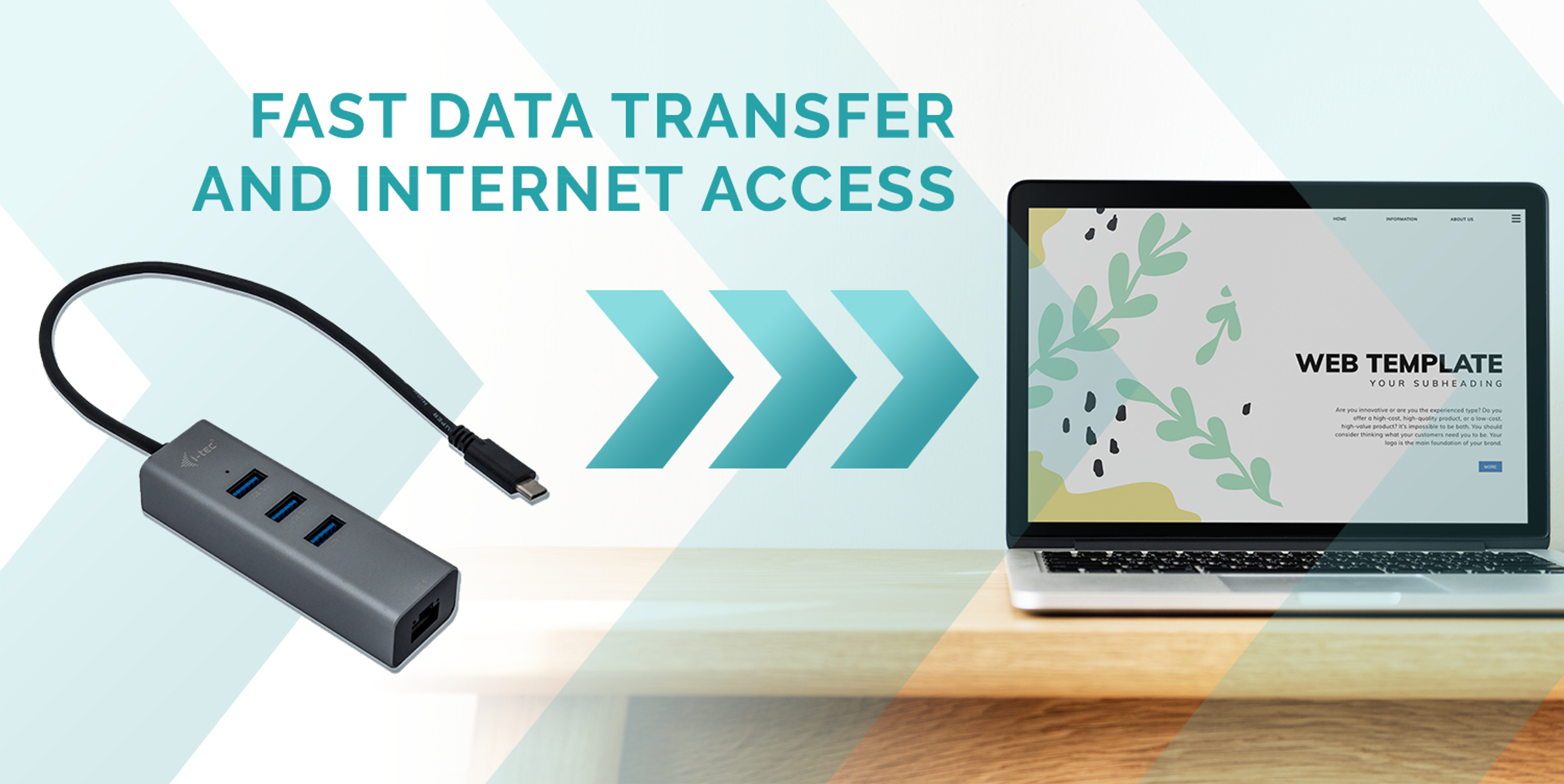 Concentrador USB con portátil, texto: Transferencia rápida de datos y acceso a Internet. Flechas turquesas al portátil.