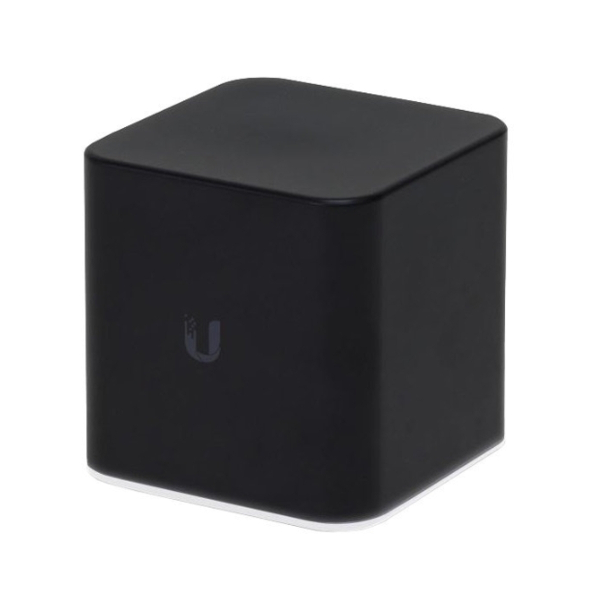 Dispositivo nero a forma di cubo con logo 'U' su sfondo bianco. È un dispositivo di rete.