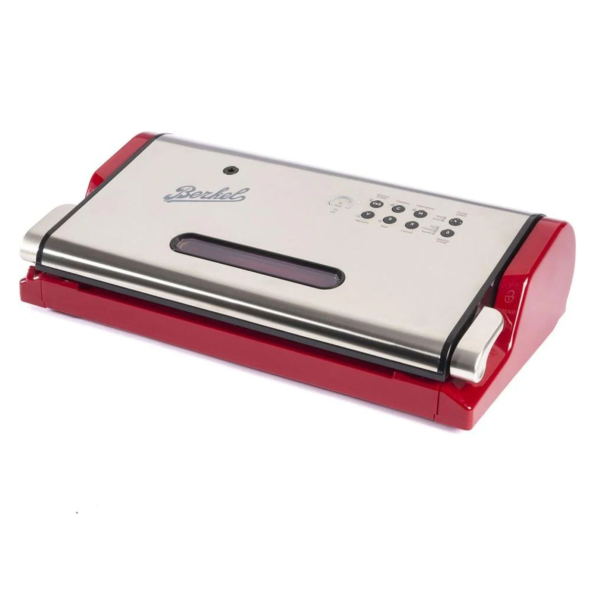 Czerwono-srebrna zgrzewarka próżniowa na białym tle.