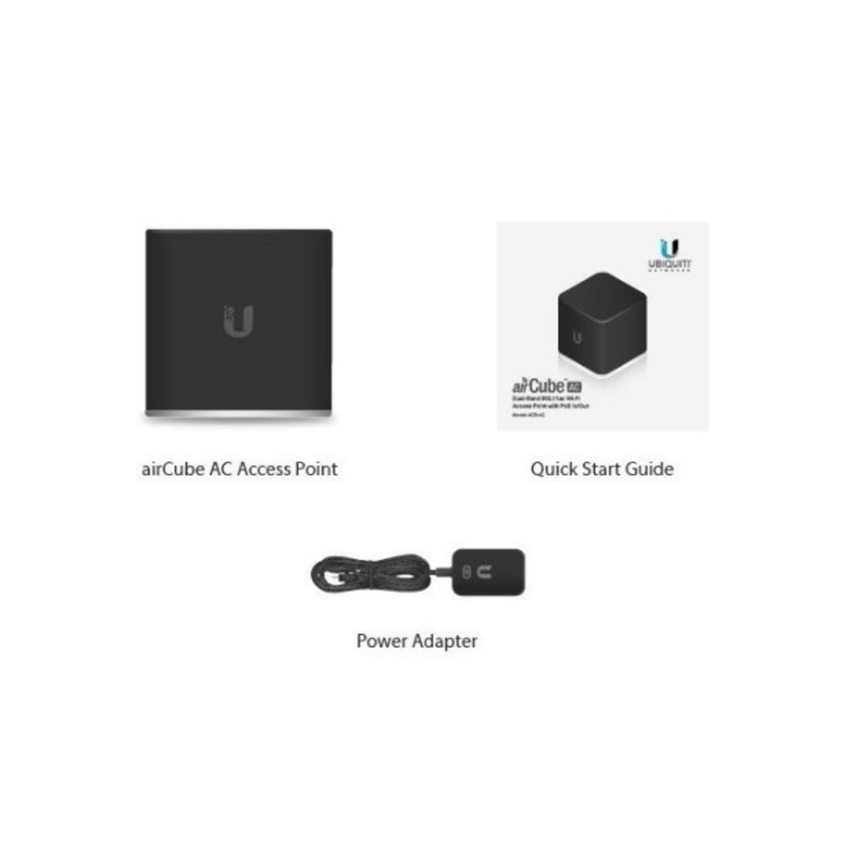 AirCube AC Access Point, Guida rapida e Adattatore di alimentazione su sfondo bianco.