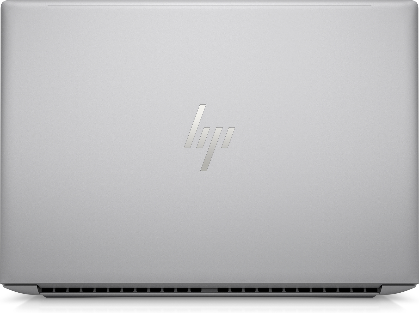 Un portátil plateado con el logotipo de HP, visto desde arriba.