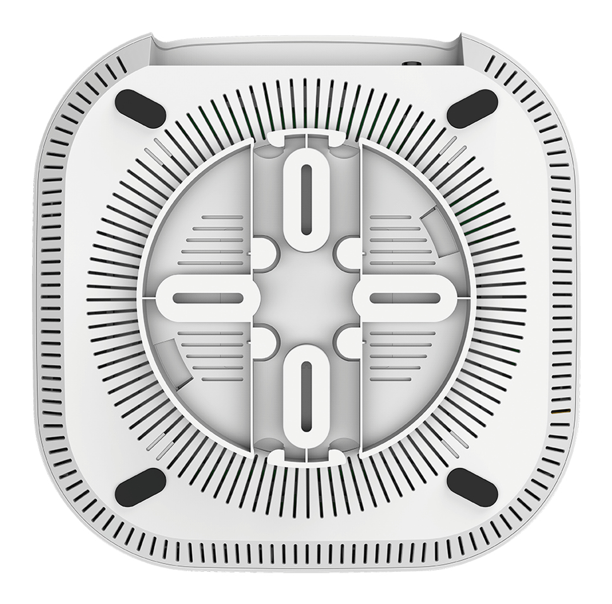 Widok od spodu białego routera z czarnymi otworami wentylacyjnymi i nóżkami. Okrągły design.