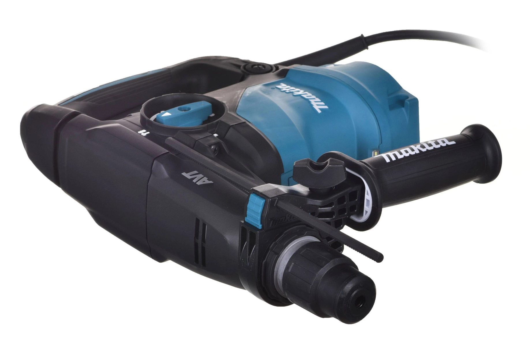 Martillo rotatorio eléctrico Makita, azul y negro, sobre fondo blanco.