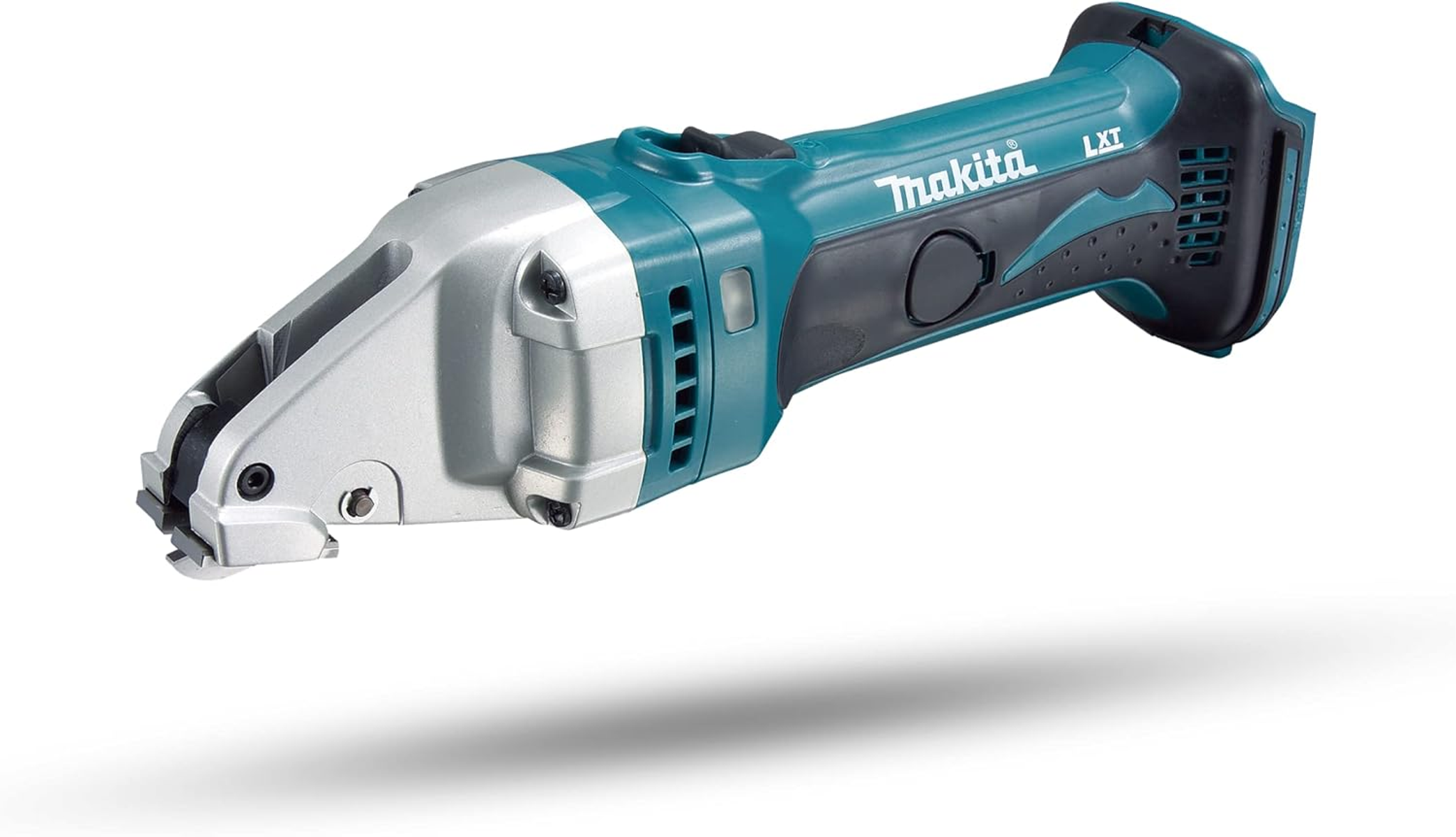 Troncatrice per metalli cordless turchese e argento su sfondo bianco. Makita LXT scritto sopra.