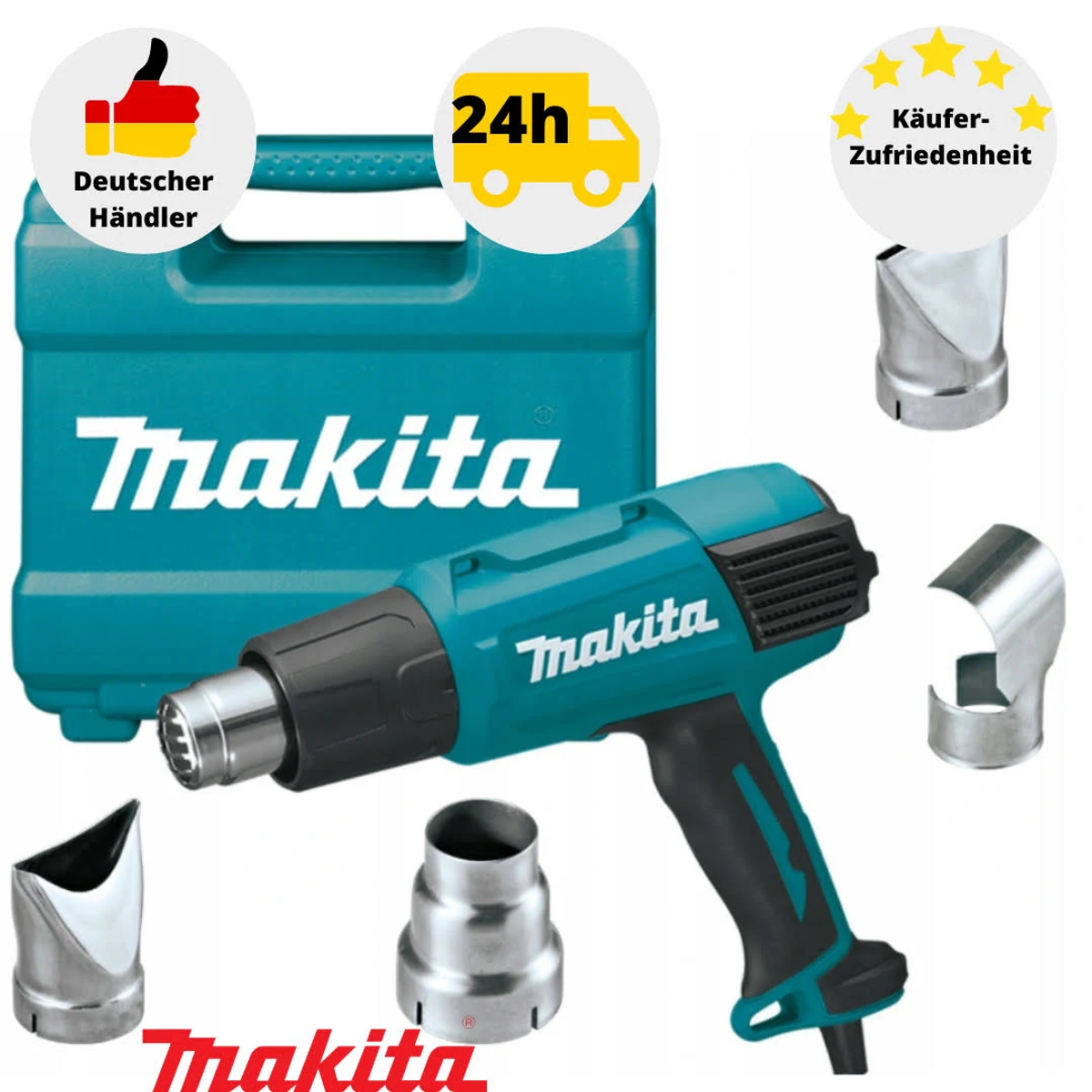 Turkusowy zestaw opalarki Makita z akcesoriami i walizką, ikony niemieckiego sprzedawcy i dostawy 24h.