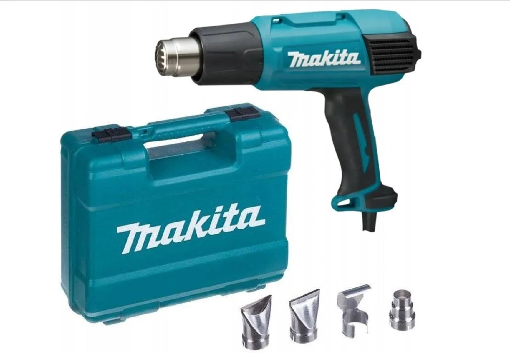 Zestaw opalarki Makita w kolorze turkusowym z walizką i akcesoriami. Widoczne dysze.