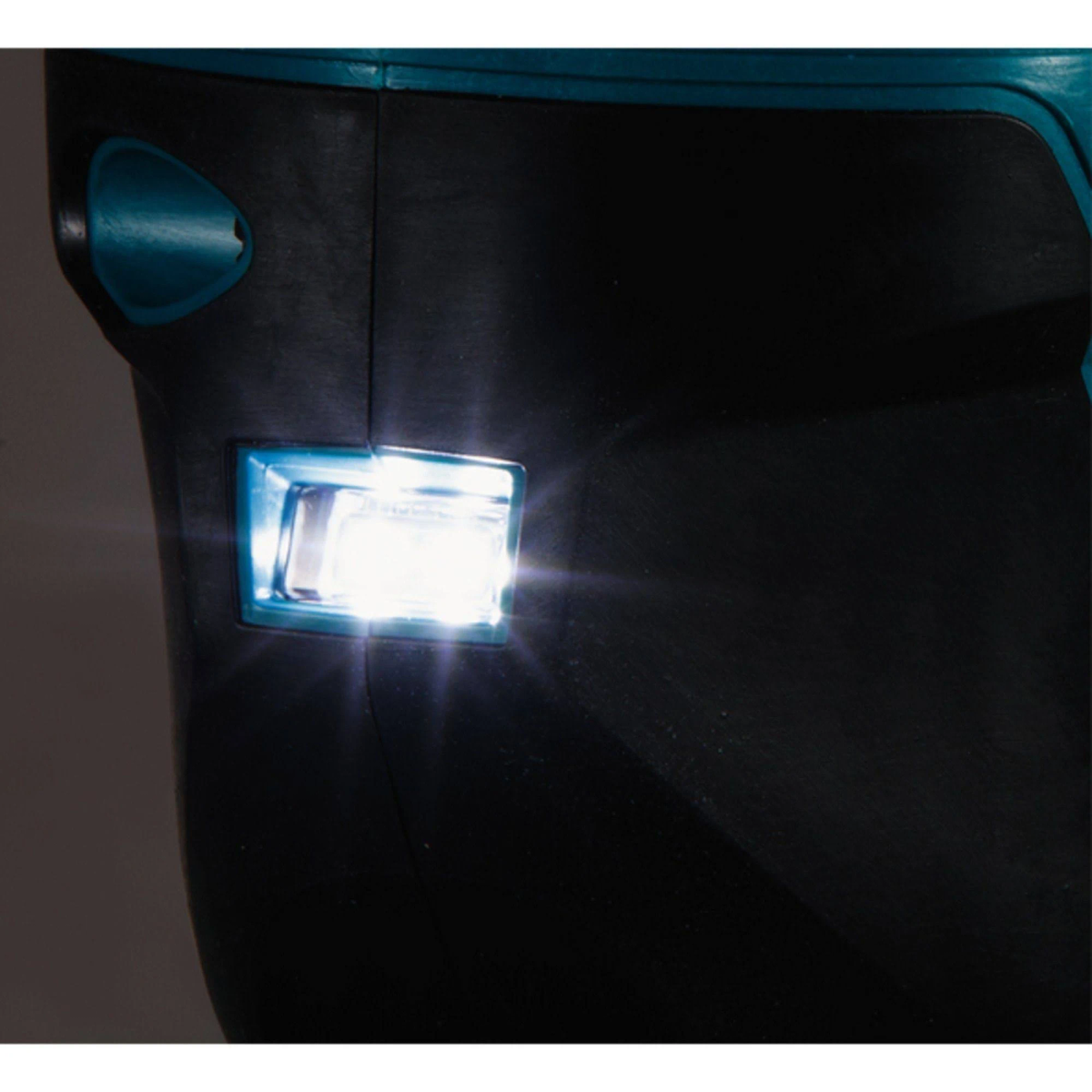 Primer plano de una herramienta Makita con una luz brillante que sale de una abertura cuadrada en el lateral.