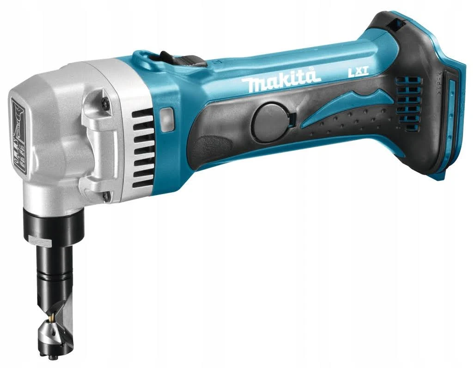 Cesoia per metalli Makita LXT blu e argento. È su sfondo bianco.