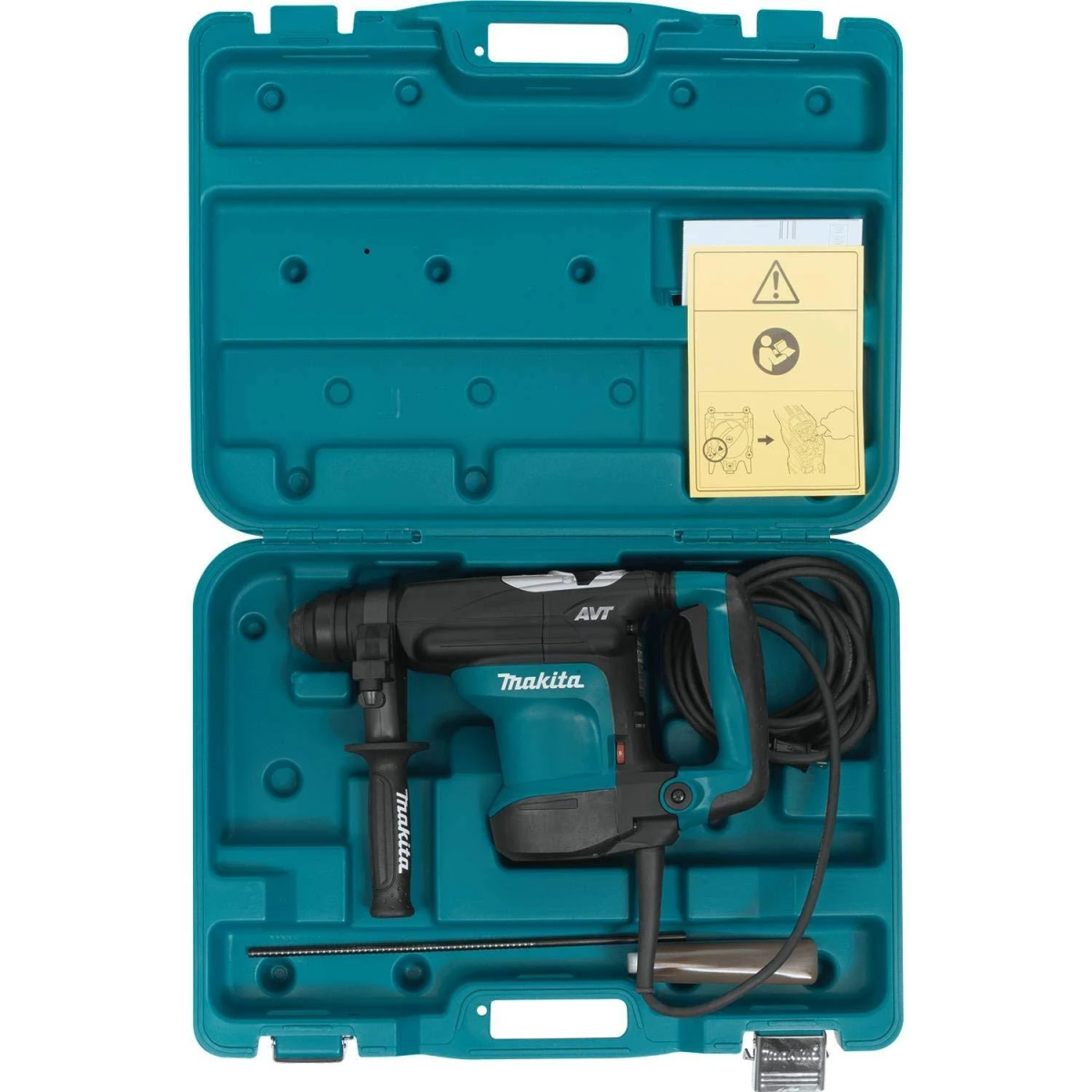 Caja de herramientas turquesa con taladro Makita. Adentro, un taladro.