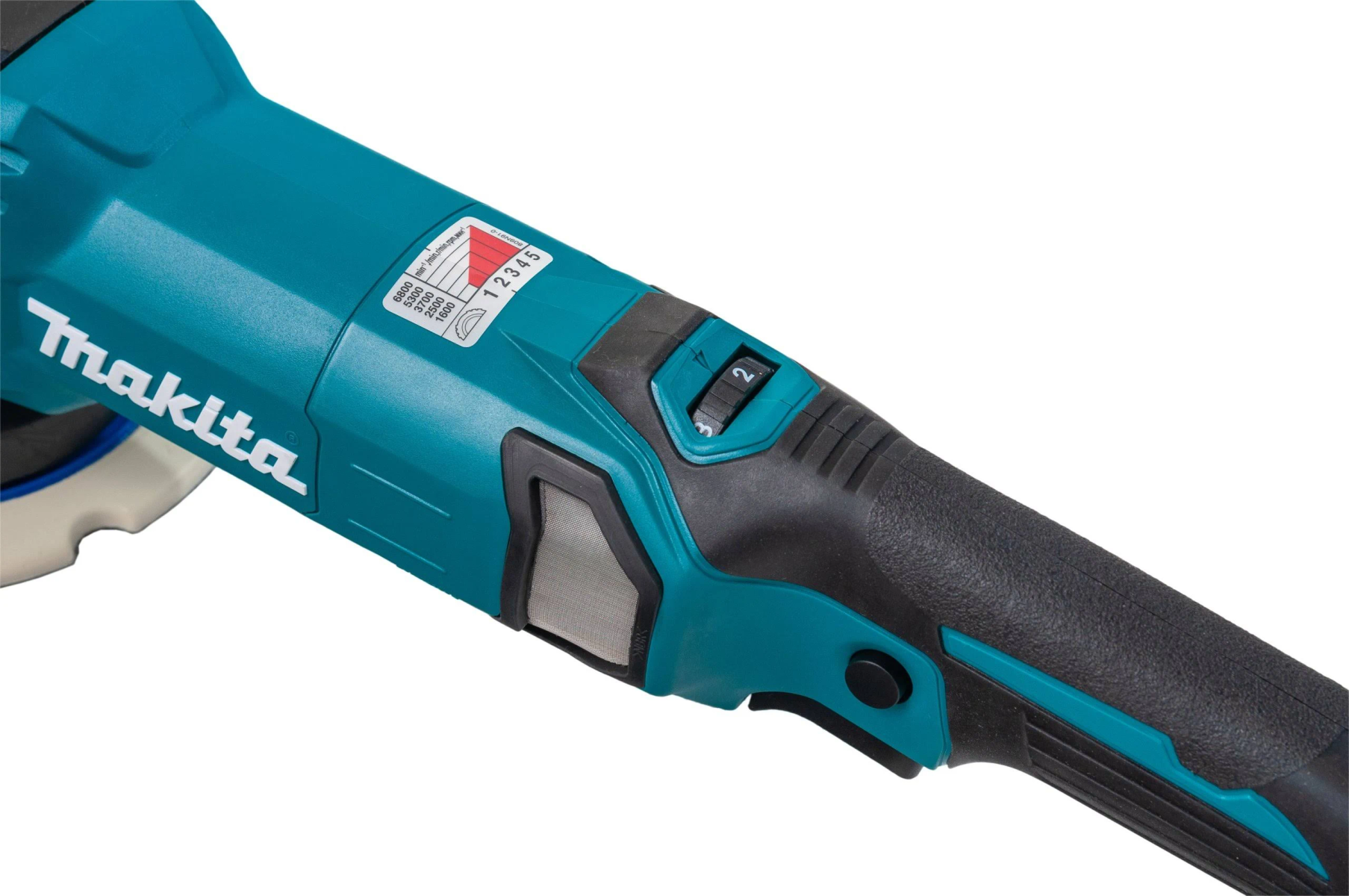 Primer plano de una amoladora angular Makita turquesa con ajustes de velocidad.