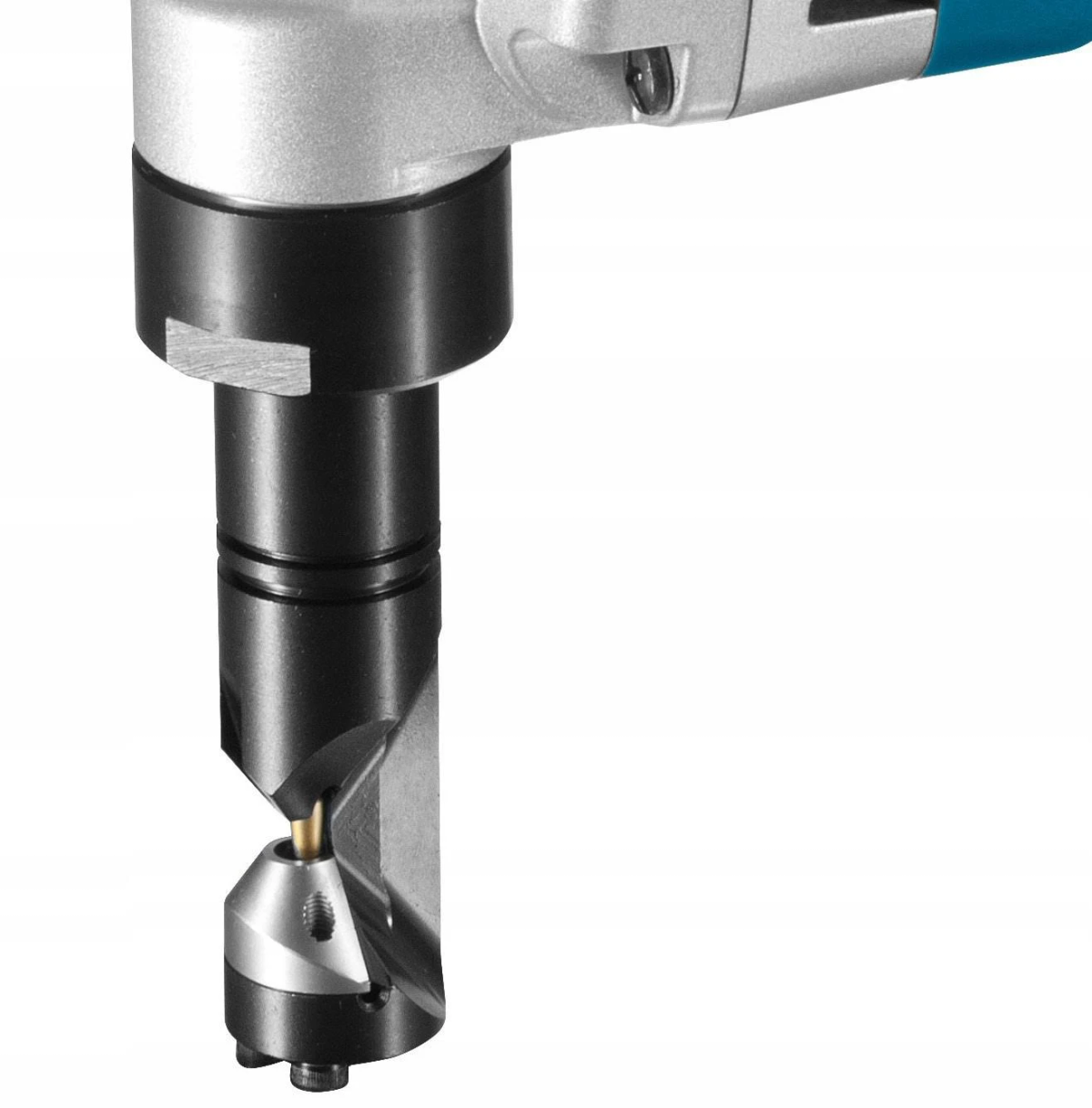 Primo piano di un utensile per cesoiare metallo, con corpo argento e blu e testa di taglio nera.